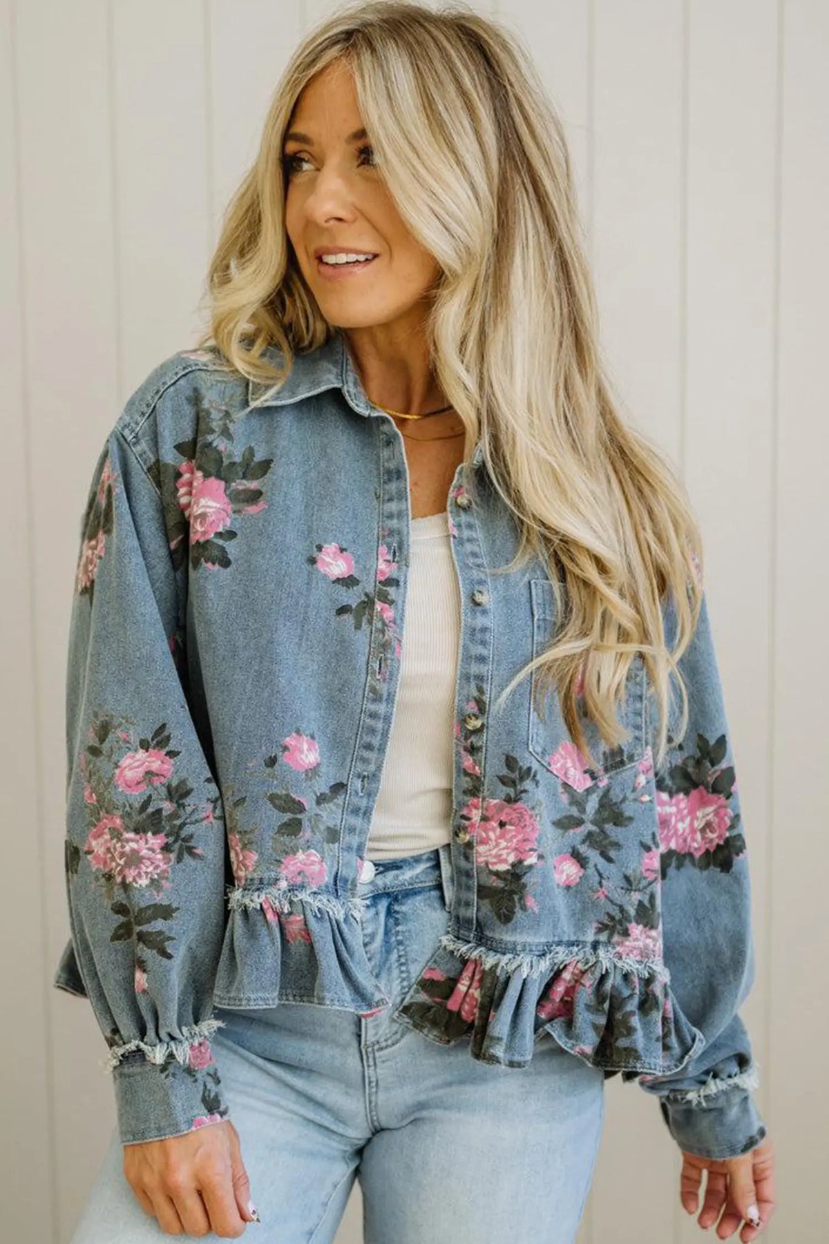 Sky Blue Floral Print Raw Seam Ruffle Hem Denim Jacket – Light Blue