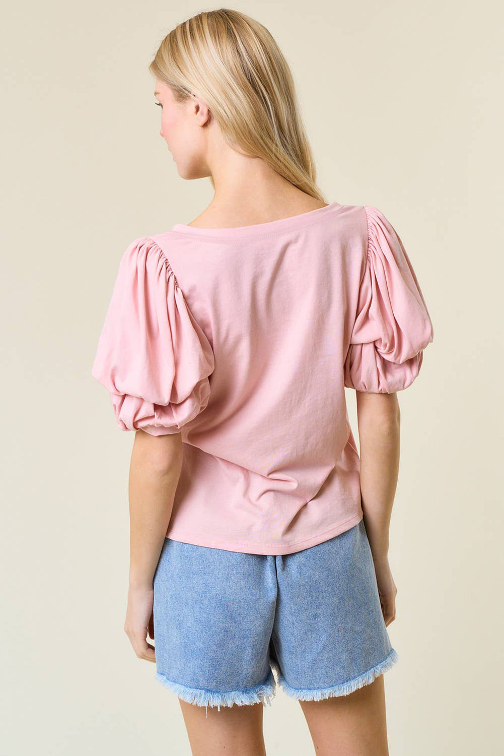 Light Pink Scoop Neck Bubble Sleeve Tee eAura