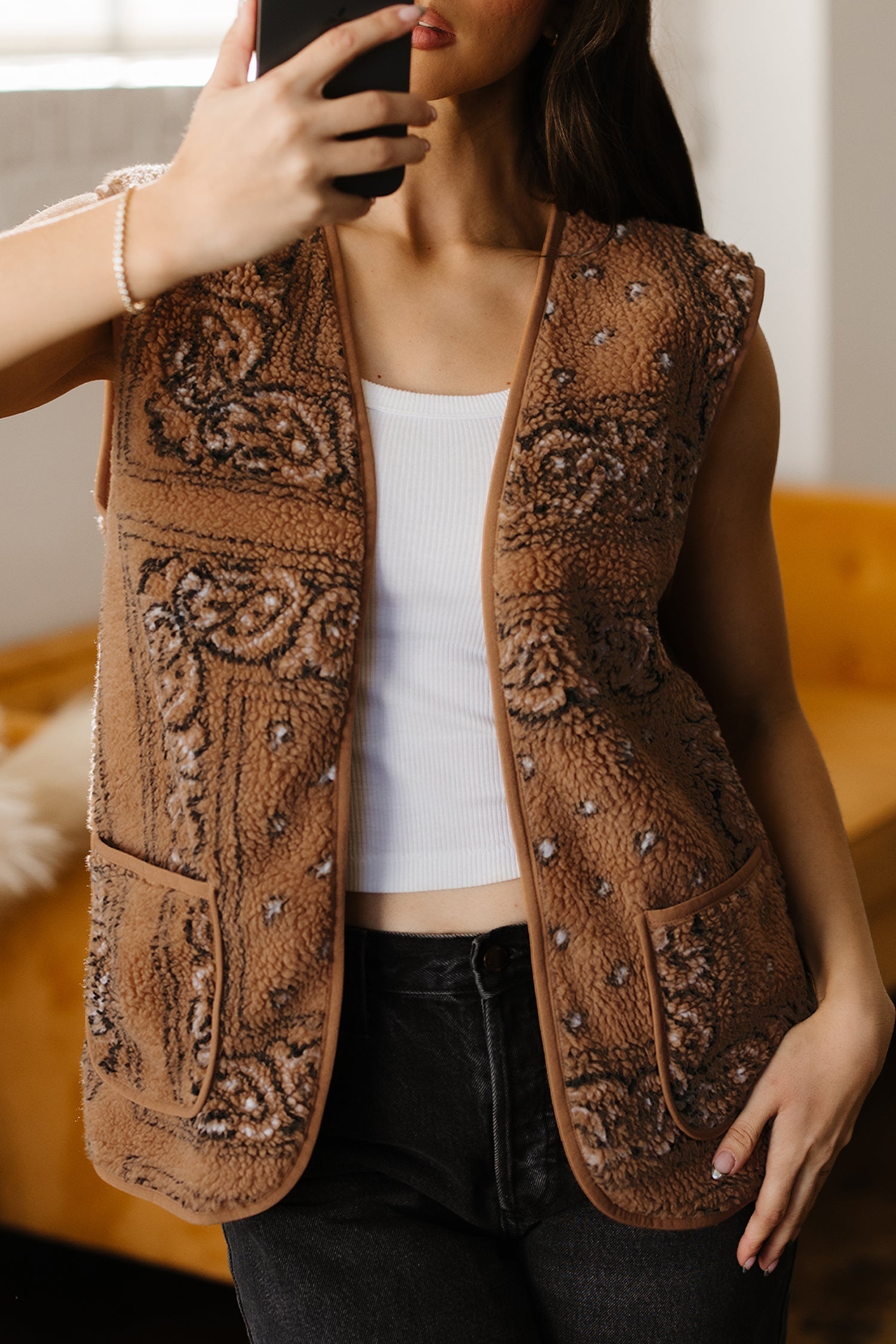 Print Pocketed Western Fashion Vest - Outerwear/Vests