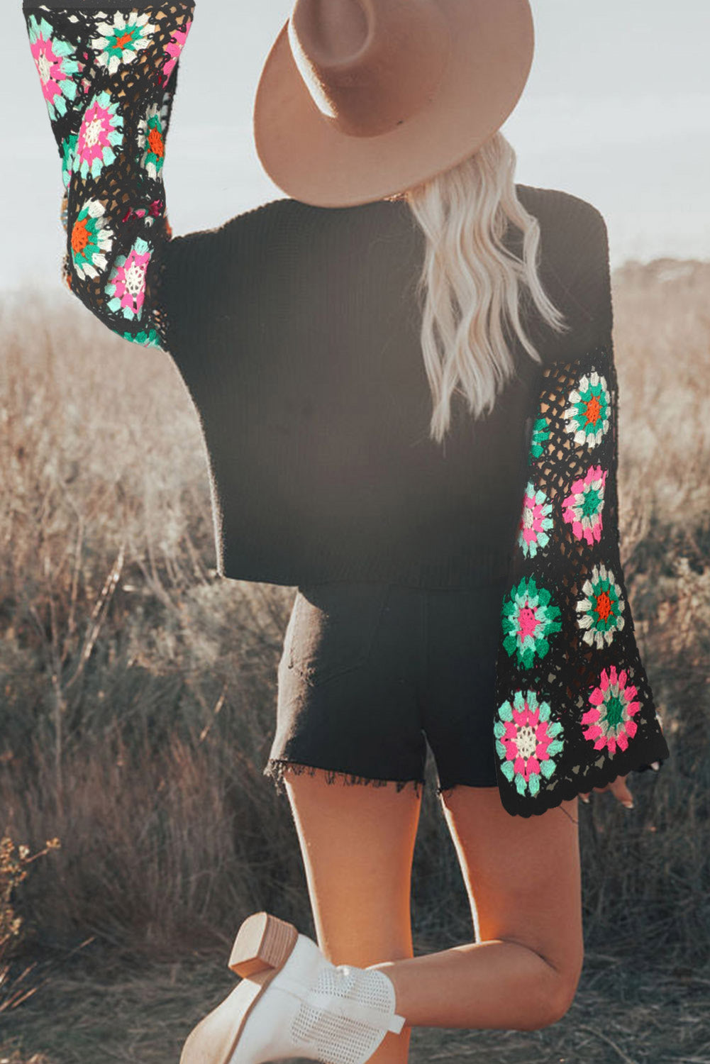 Black Floral Crochet Bell Sleeve Loose Sweater eAura
