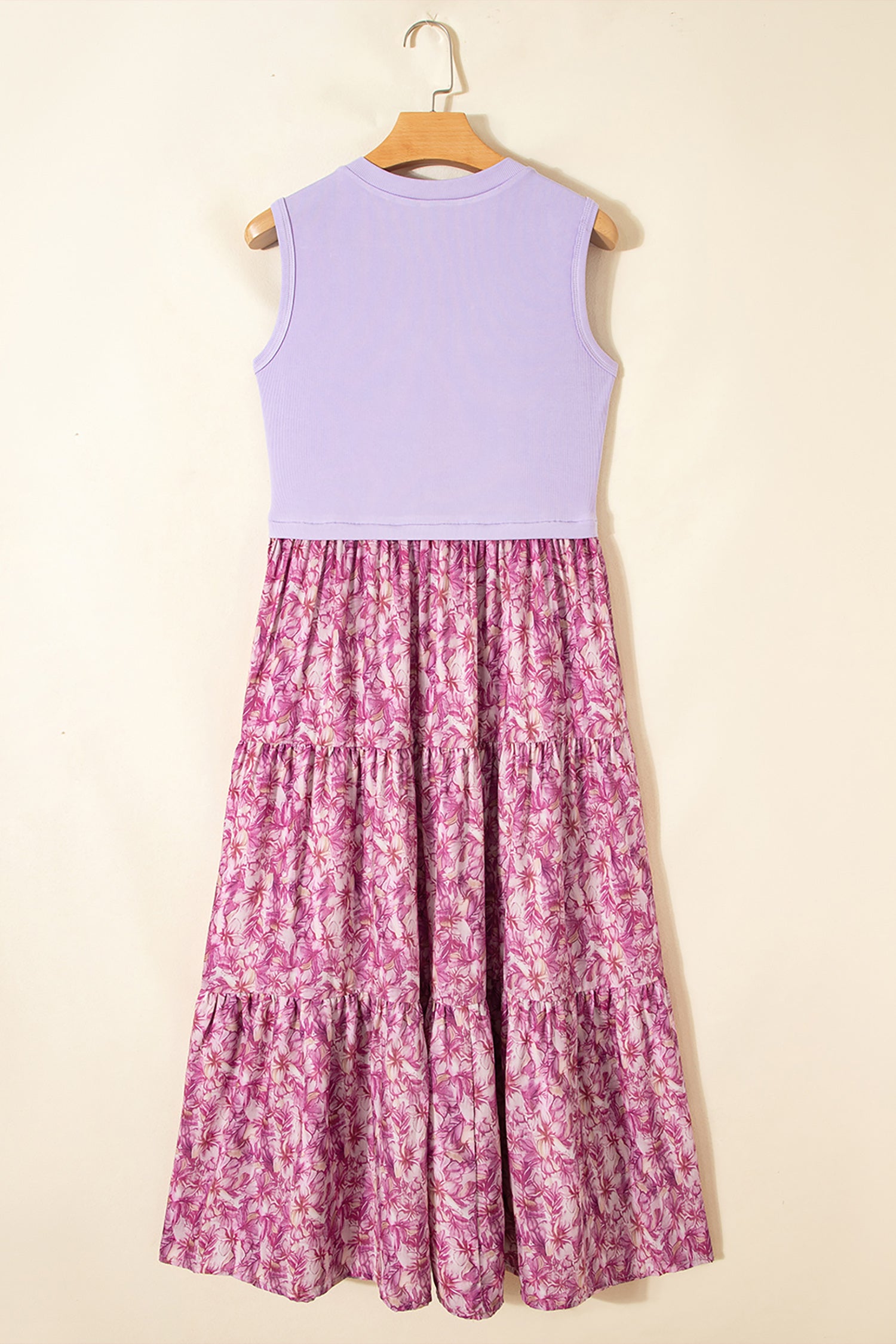 Ribbed V Neck Tank Floral Contrast Patchwork Long Dress – Purple