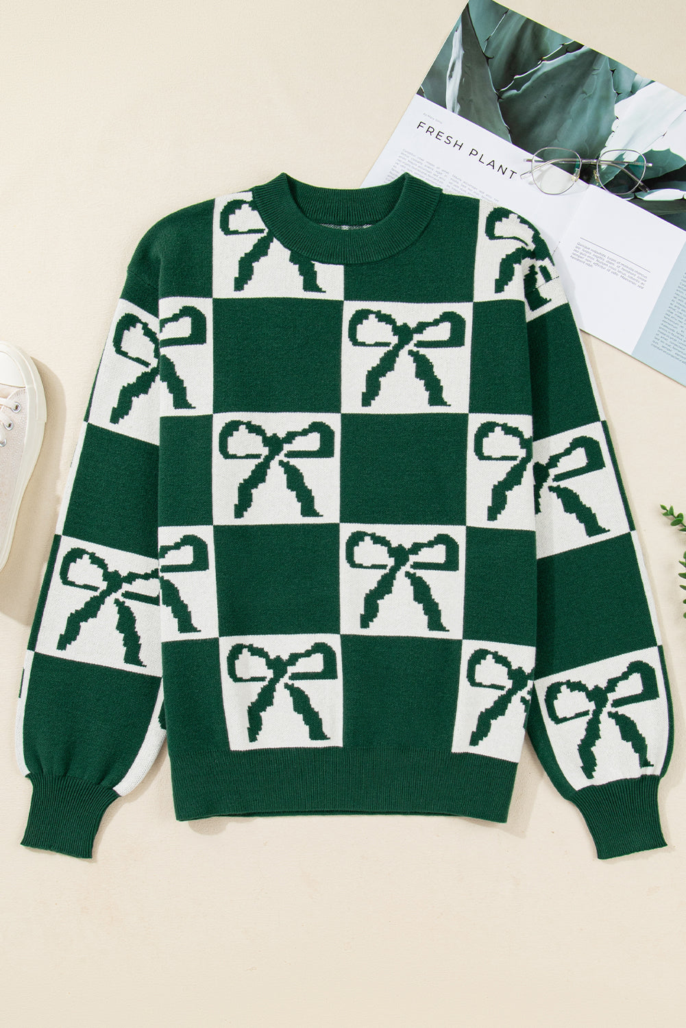 Green Checkered Bow Print Casual Sweater - eAura