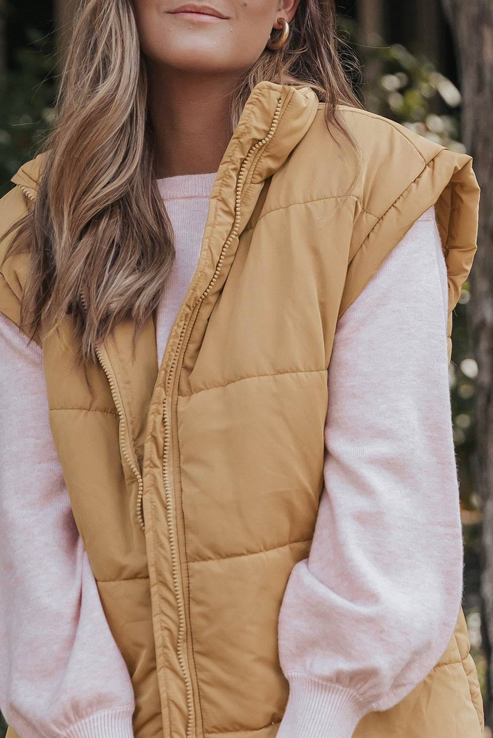 Oversized Stand Collar Zip Winter Vest – Khaki