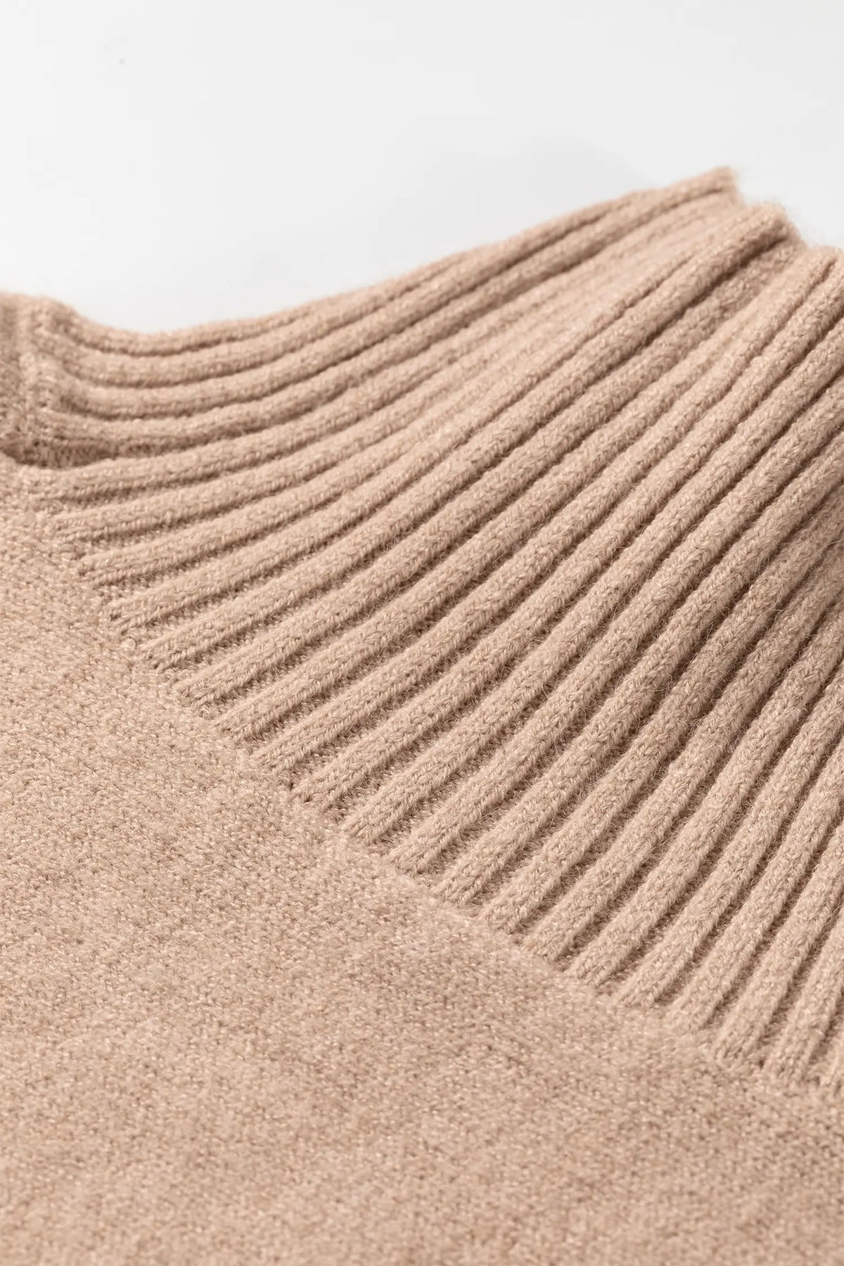 Ribbed Trim High Neck Short Sleeve Casual Sweater – Beige