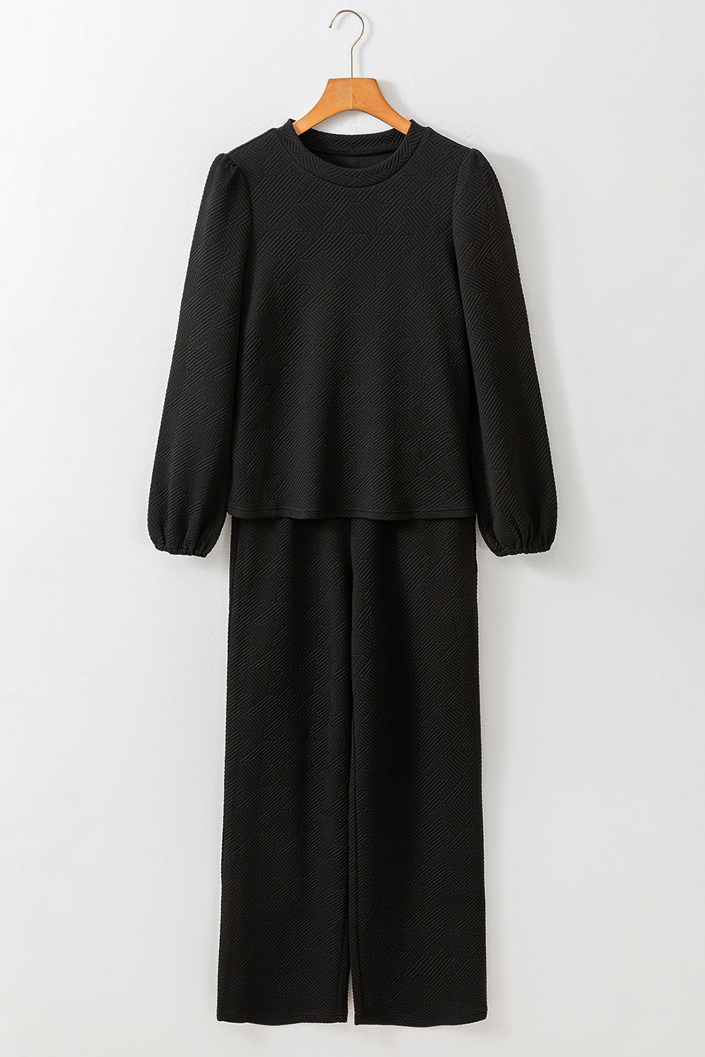 Black Textured Puff Sleeve Top and Trousers Set eAura