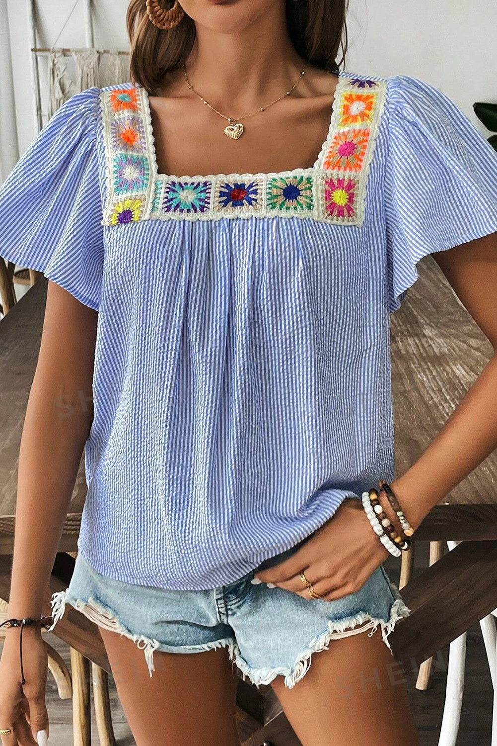 Sky Blue Stripe Textured Ruffle Short Sleeve Boho Detail Square Neck Blouse eAura