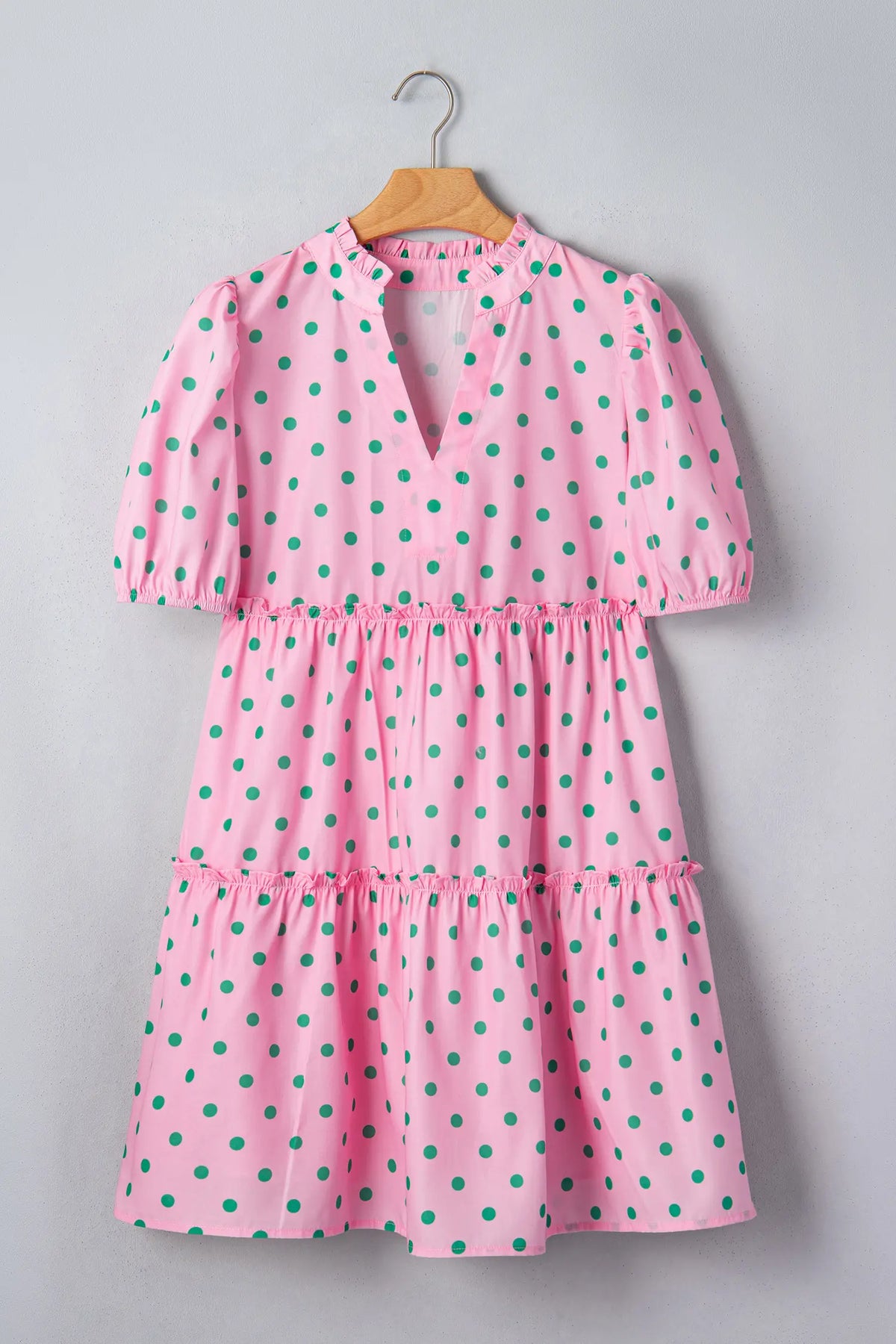 Polka Dot Print V Neck Short Sleeve Tiered Mini Dress – Pink