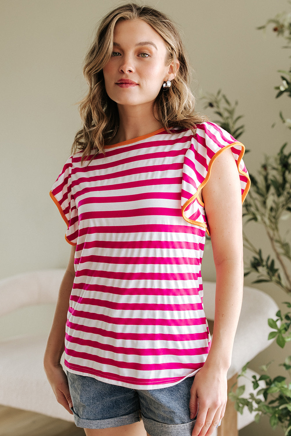 Rose Red Striped Ruffle Sleeve Crew Neck Blouse eAura