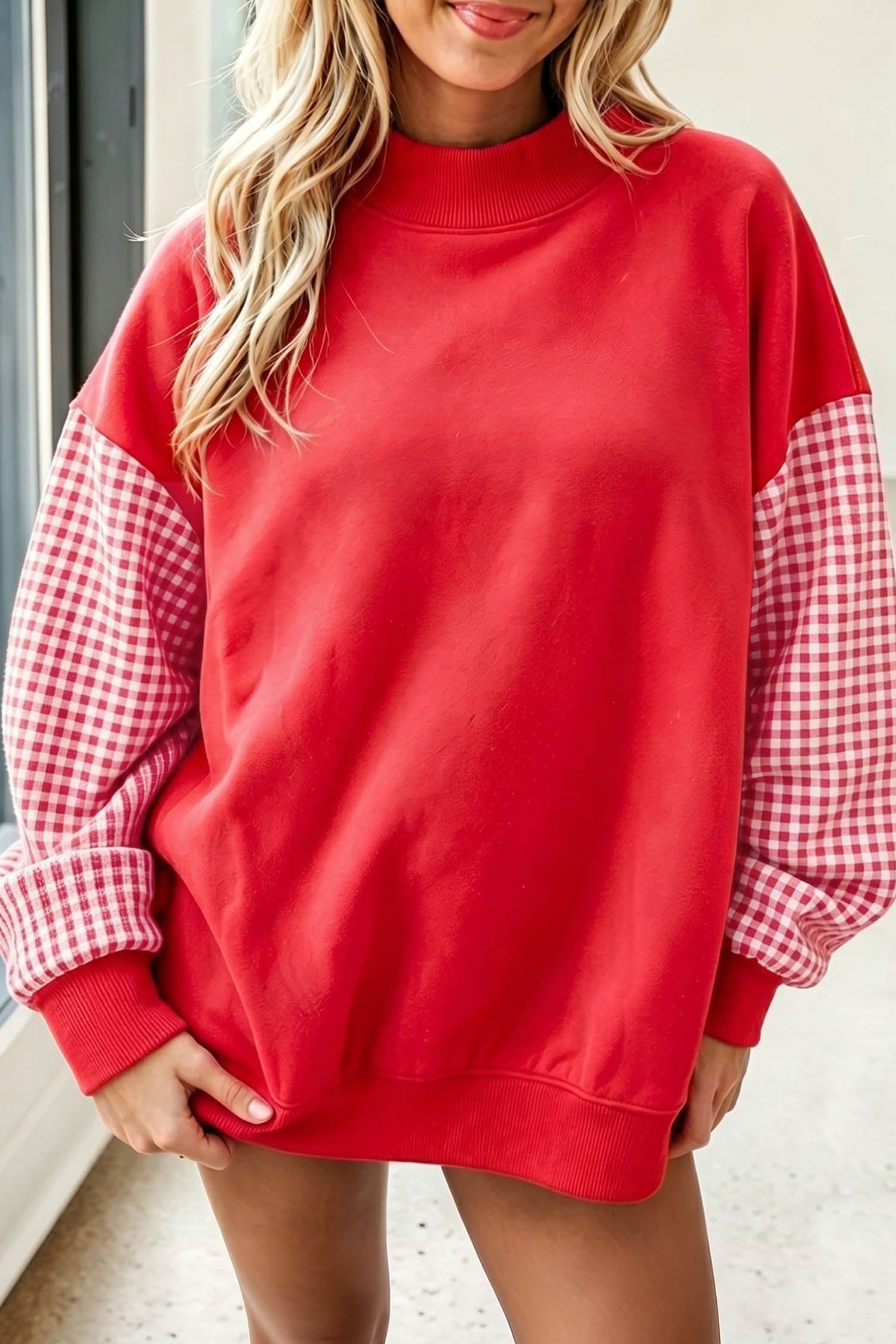 Plaid Sleeve Colorblock Loose Tunic Sweatshirt – Fiery Red