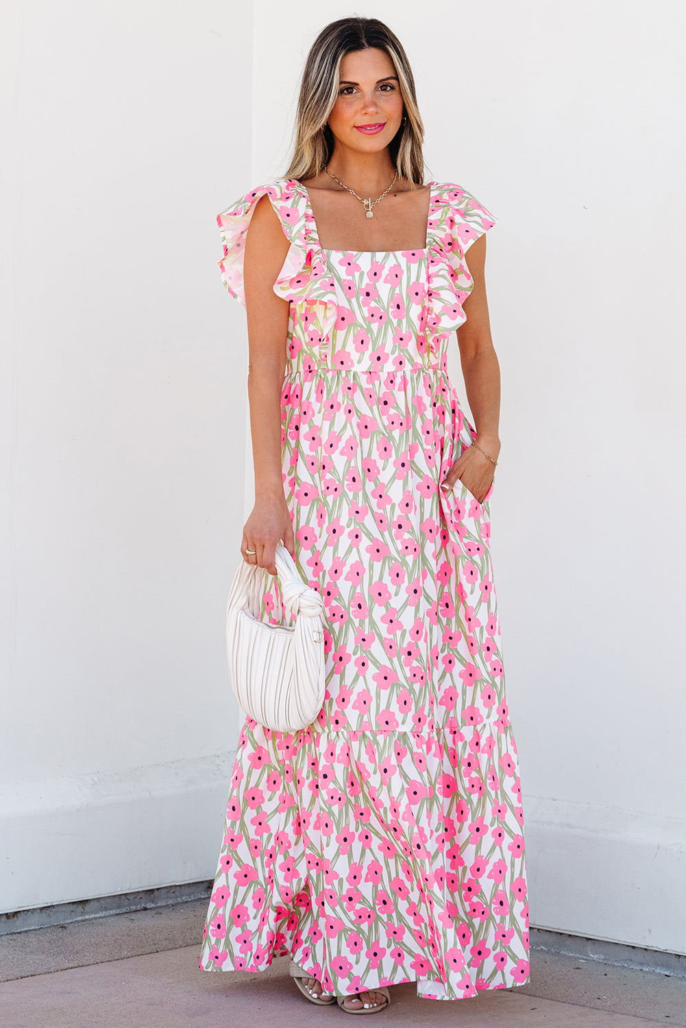 Pink Floral Print Square Neck Ruffled Strap Maxi Dress eAura