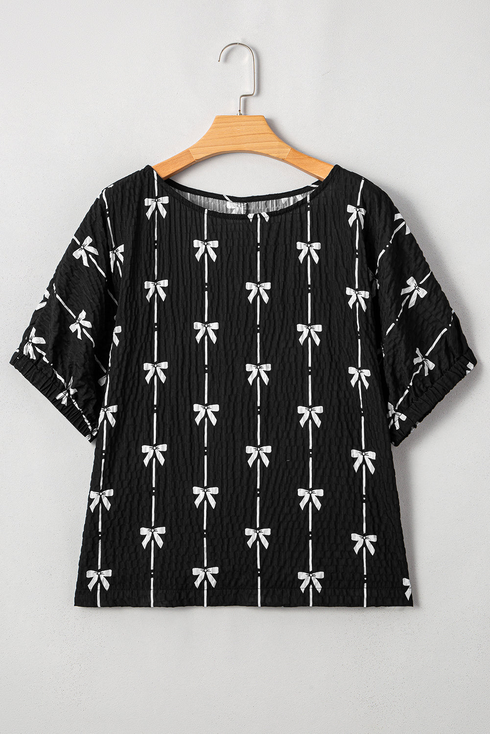 Black Bow Print Puff Short Sleeve Top eAura