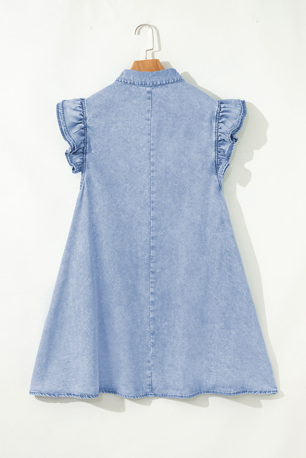 Beau Blue Double Ruffled Sleeves Buttoned A-line Collared Mini Denim Dress eAura