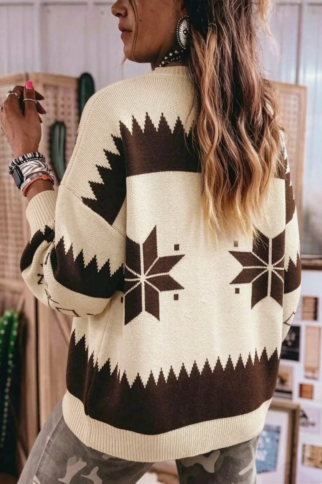 Beige Western Geometric Print Zip Front Loose Sweater Cardigan