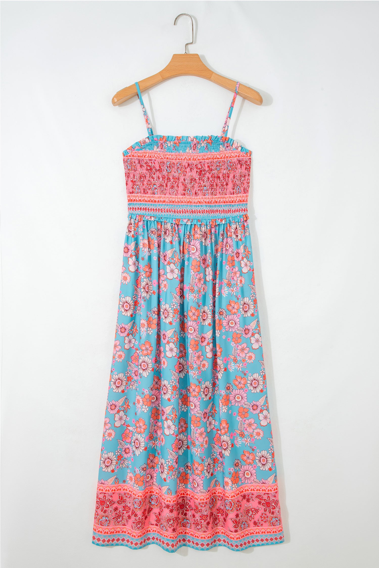 Boho Ethnic Print Smocked Waist Spaghetti Strap Maxi Dress