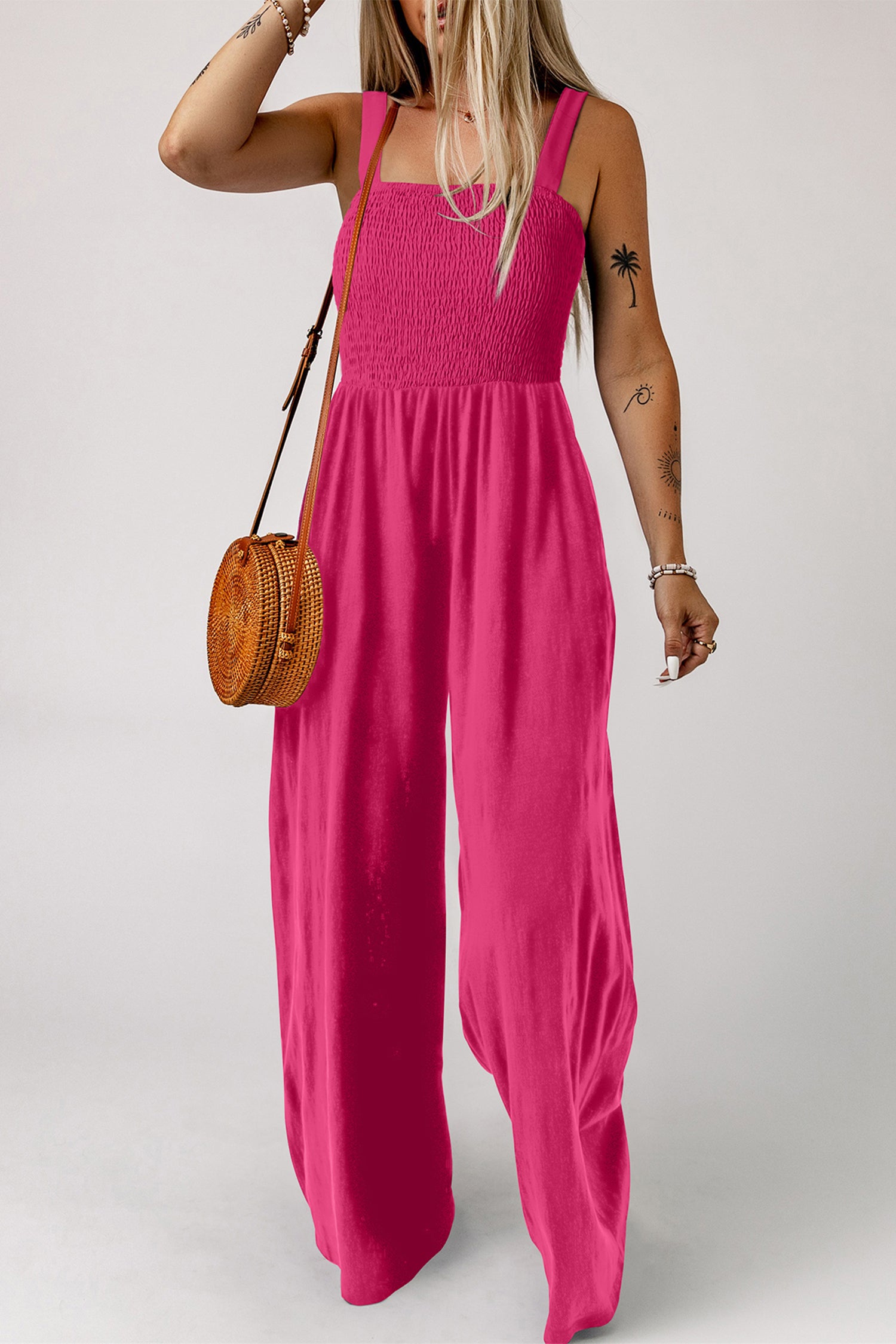 Smocked Square Neck Sleeveless Wide Leg Jumpsuit with Pockets – Purple