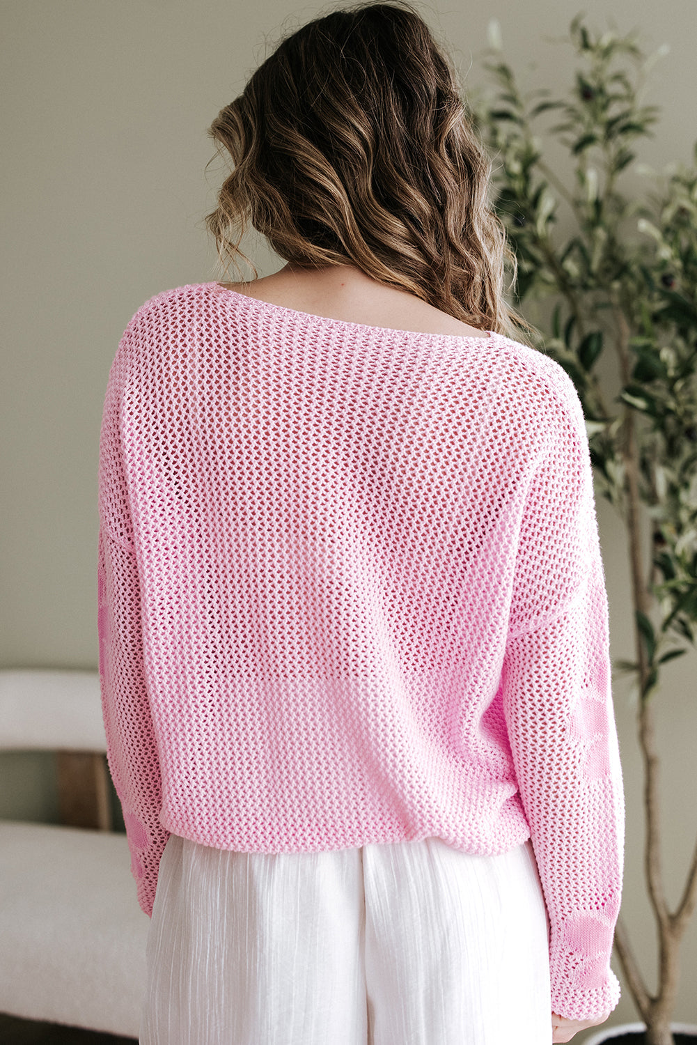 Light Pink Big Flower Hollowed Knit Drop Shoulder Sweater eAura