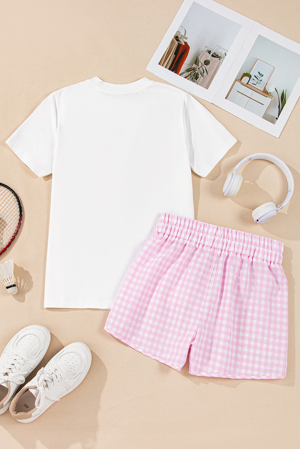 White MAMA Printed Tee and Plaid Shorts Lounge Set eAura