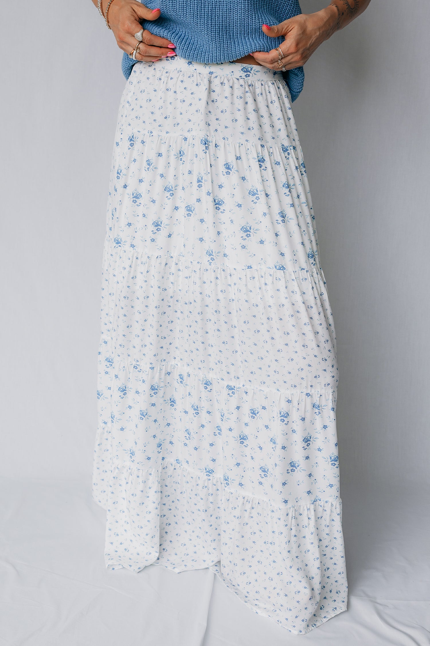 High Waist Tiny Floral Print Boho Maxi Skirt