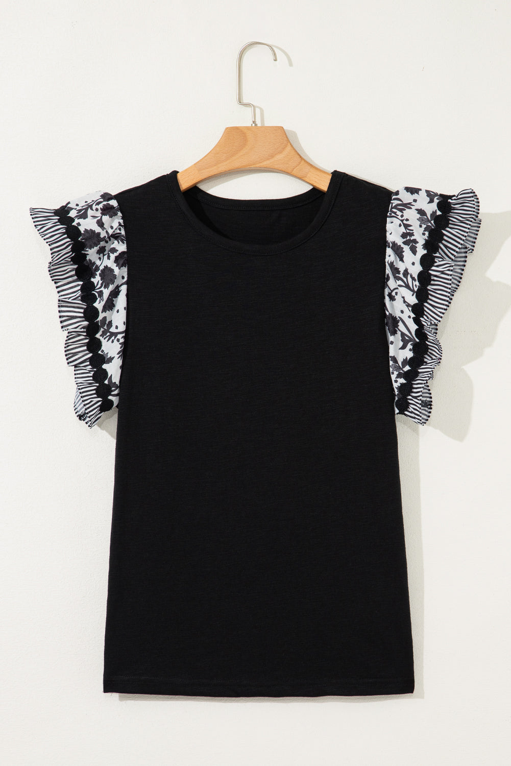 Black Ricrac Trim Printed Flutter Sleeve Contrast Patchwork Blouse BB Fashion Outlet