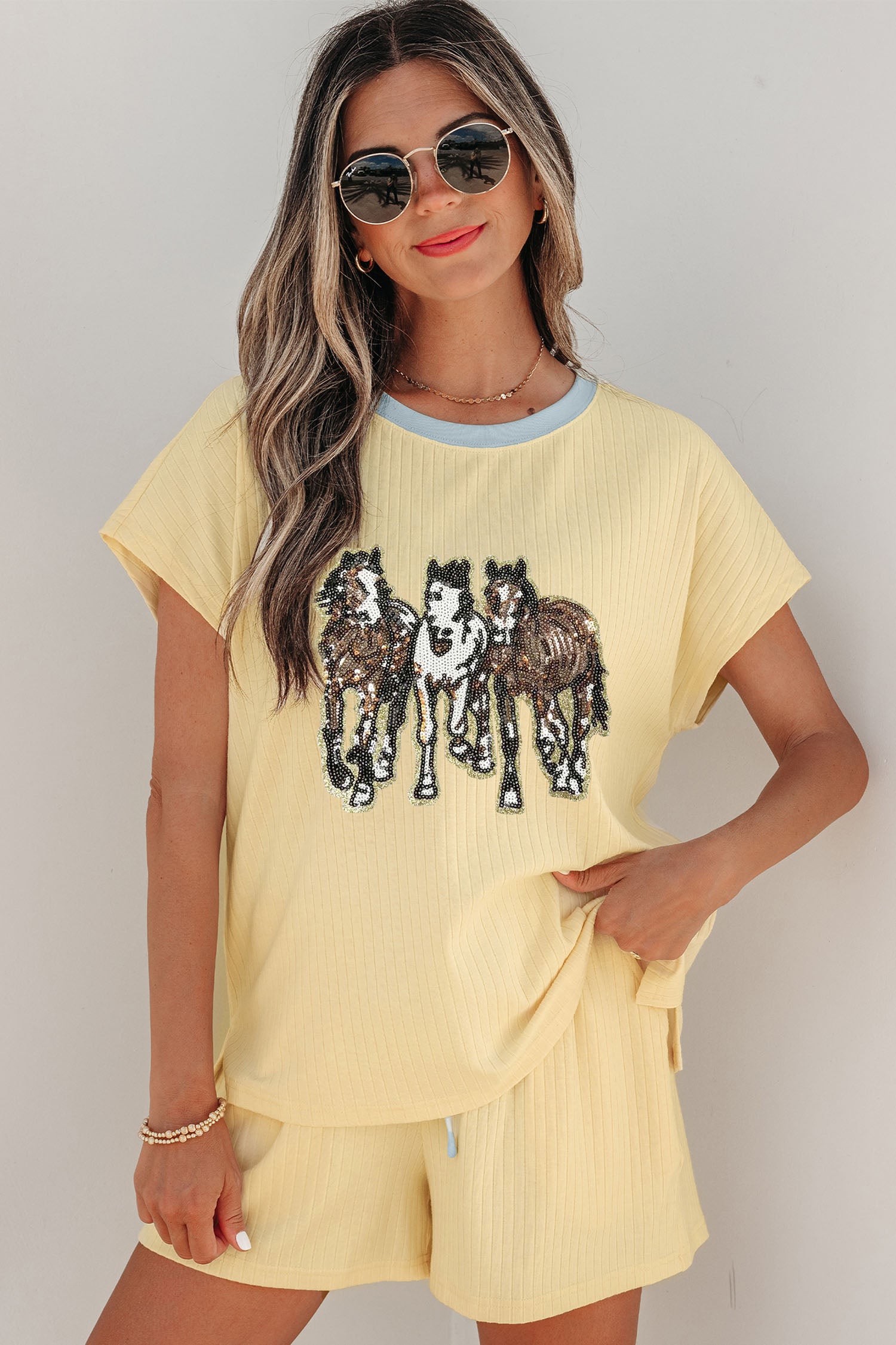 Cream Ribbed Knit Two Piece Set Sequin Horse Patched Casual Short Set – Yellow
