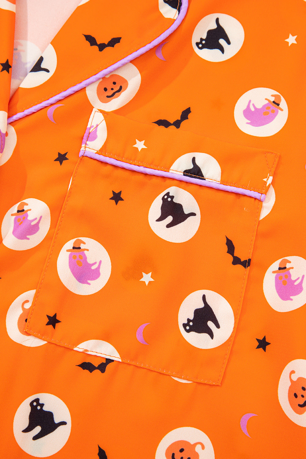 Orange Halloween Print Lapel Shirt Long 2pcs Pyjama Set - eAura