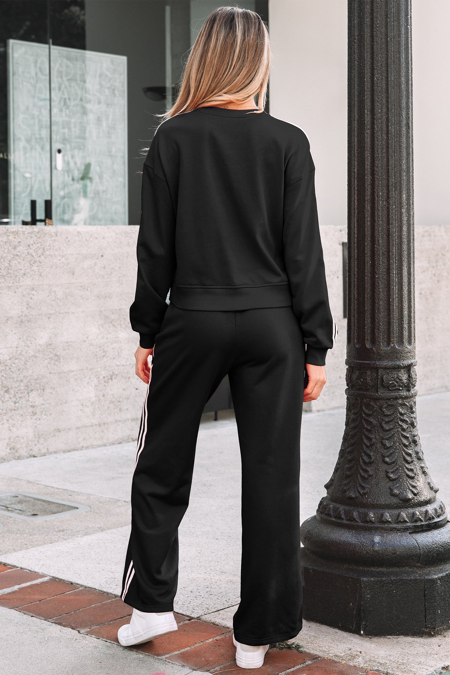 Varsity Striped Detail Crewneck Pullover Elastic Sweatpants 2pcs Co-ord - Two Piece Sets/Pant Sets