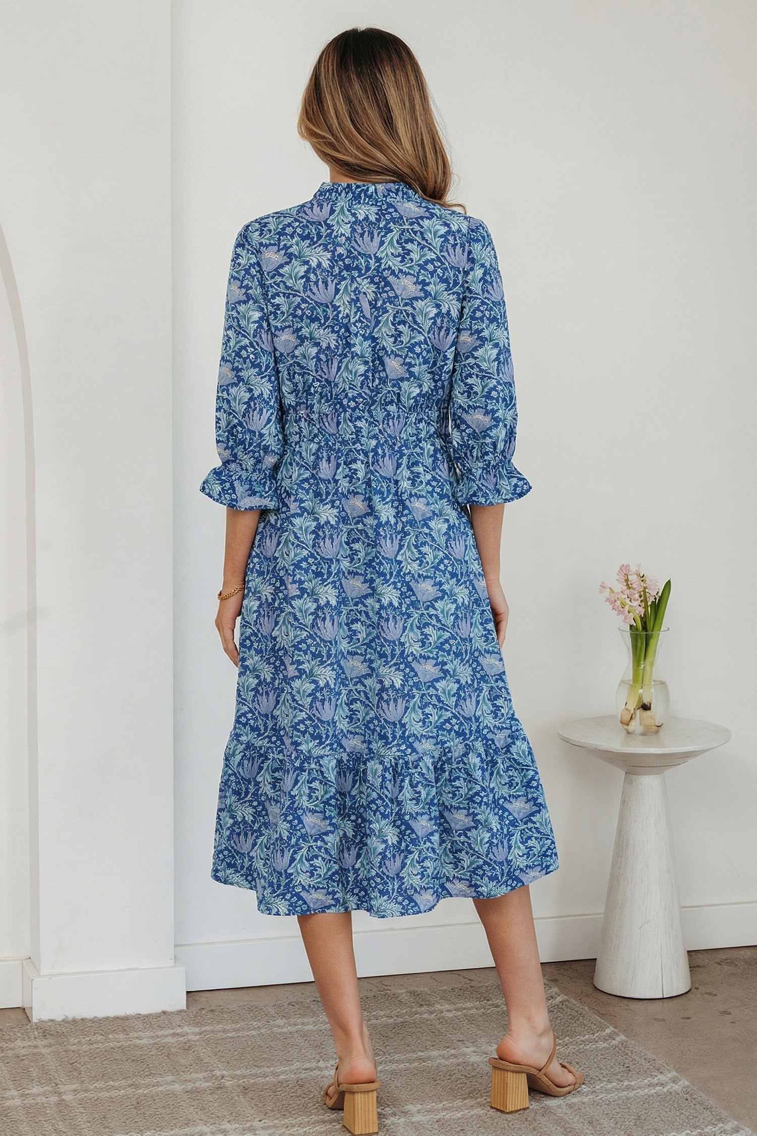 Floral Printed Frilled V-Neck Bracelet Sleeve Long Dress