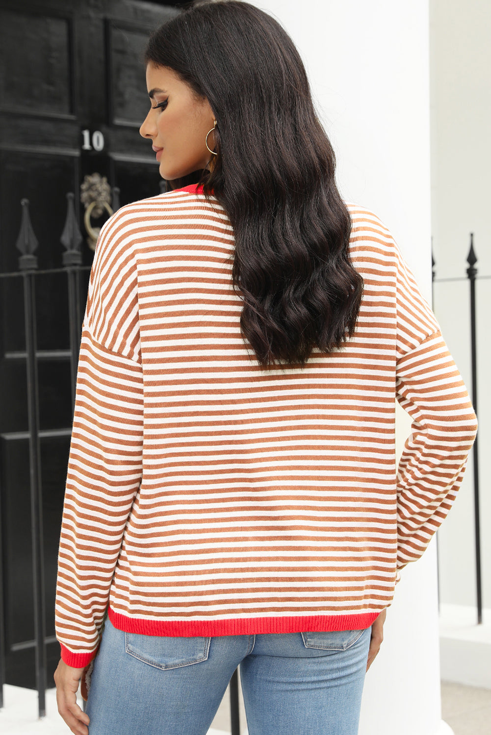 Fiery Red Contrast Trimmed Striped Drop Shoulder Sweater eAura