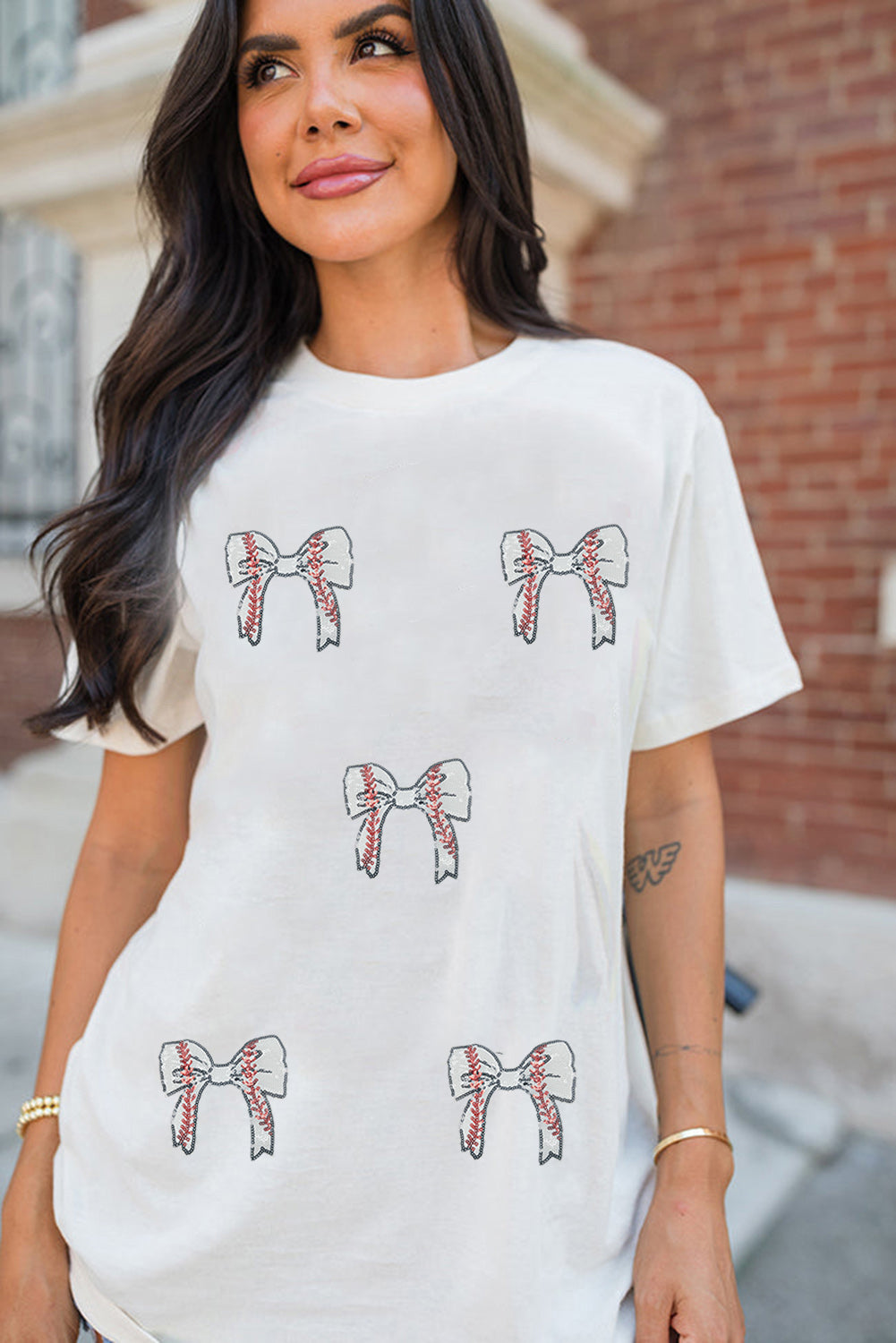 White Glitter Baseball Bow Patched Cotton Blend T-Shirt eAura