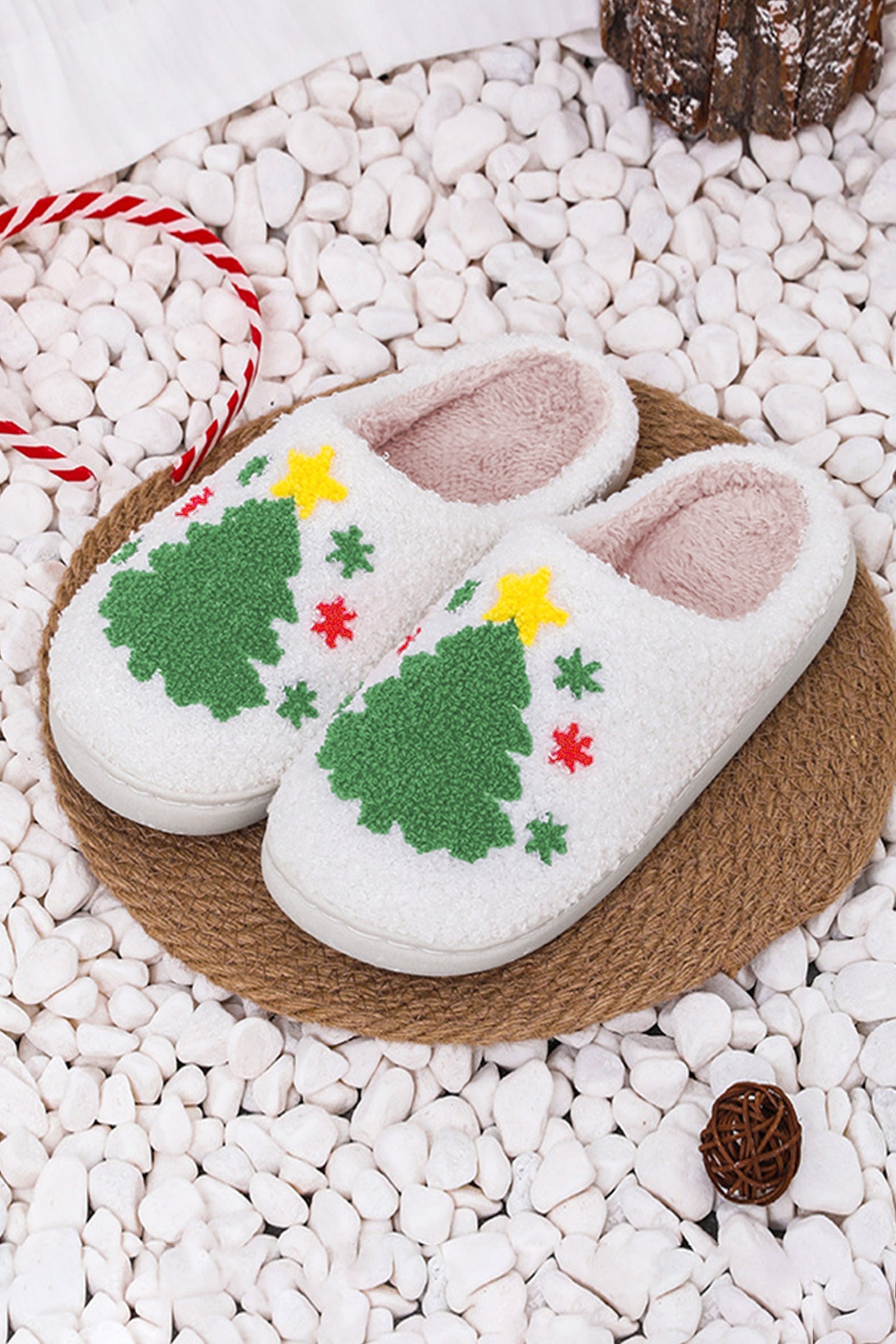 White Fuzzy Christmas Tree Pattern Home Slippers - eAura