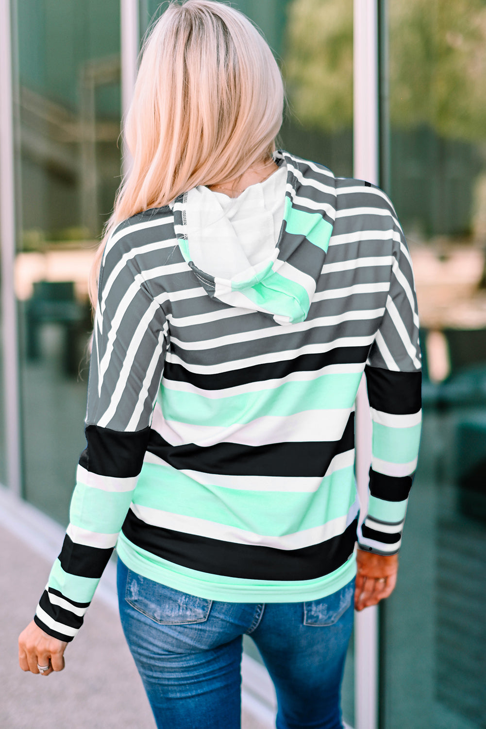Green Striped Drawstring Long Sleeve Hoodie eAura