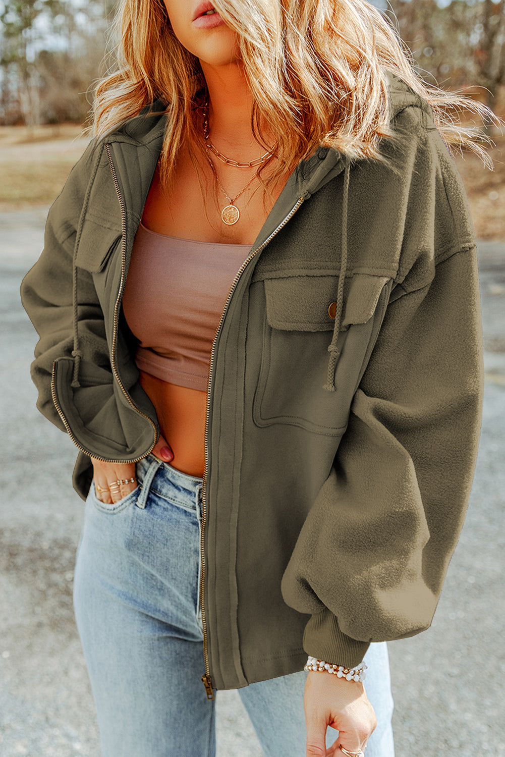 Flap Pocket Drawstring Hood Zip Up Jacket Beagle Boutique Fashion Outlet