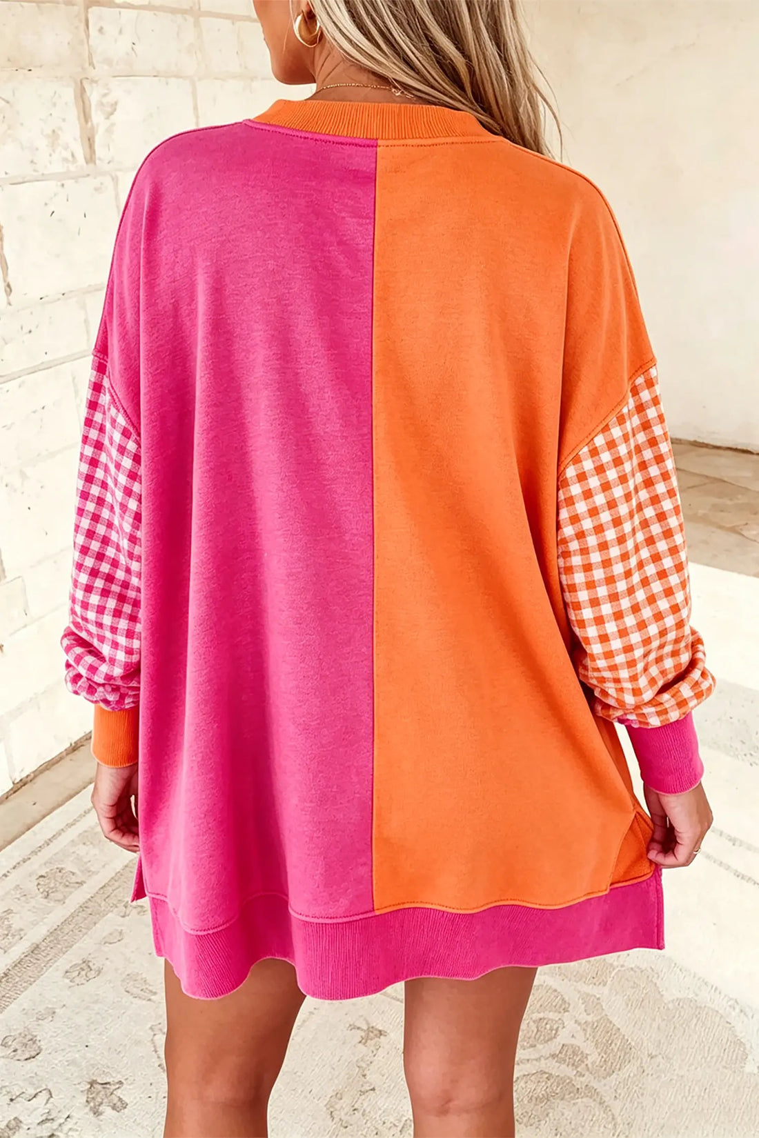 Colourblock Gingham Sleeve Crewneck Sweatshirt – Rose Red