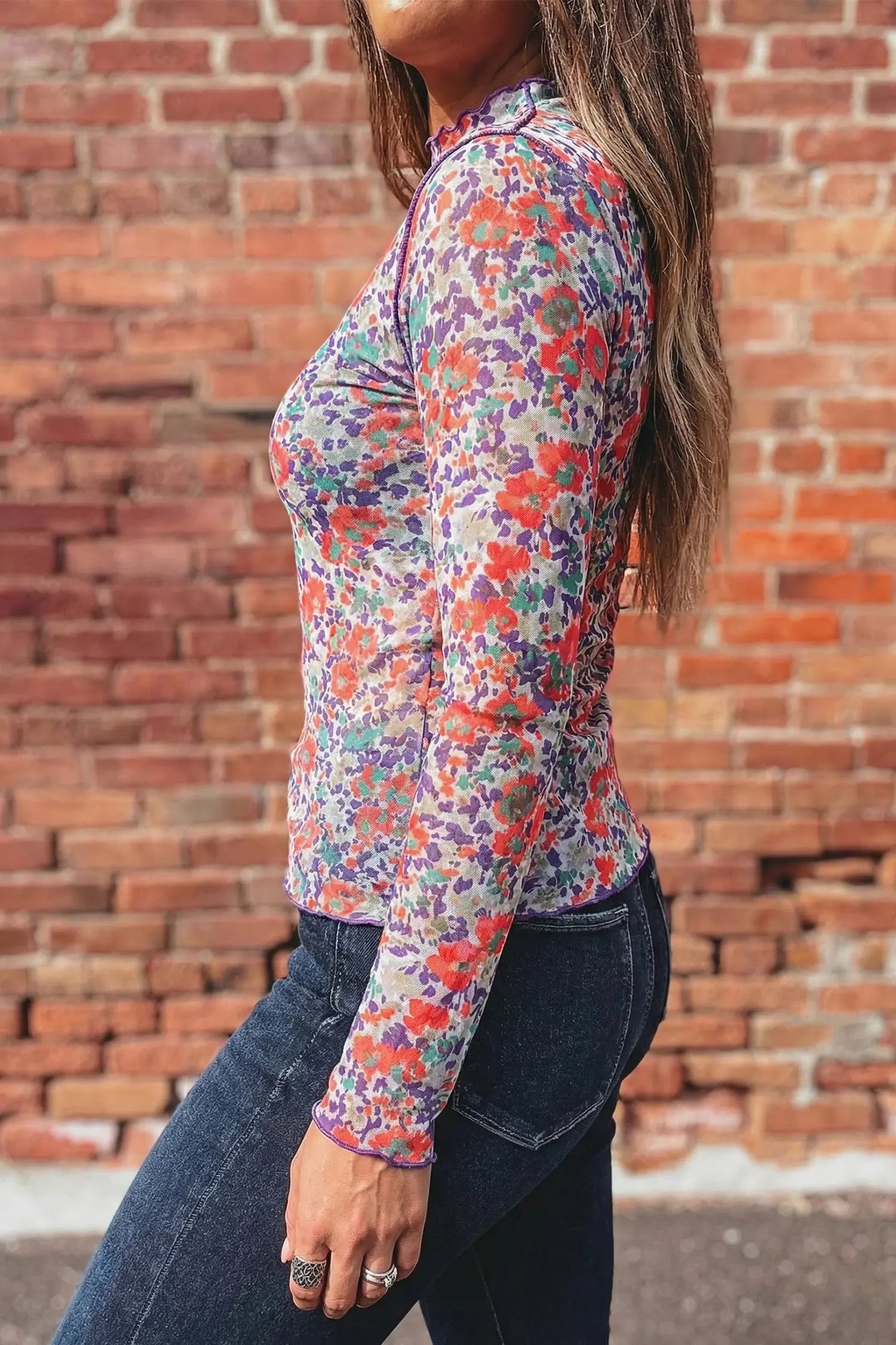 Western Print Slim Fit Mesh Mock Neck Long Sleeve Top