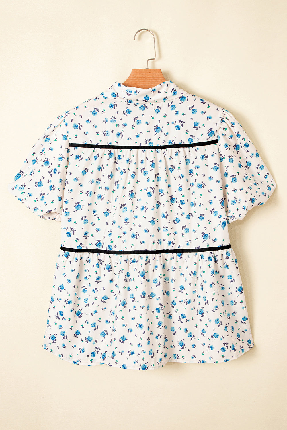 White Contrast Trim Floral Puff Short Sleeve Shirt BB Fashion Outlet