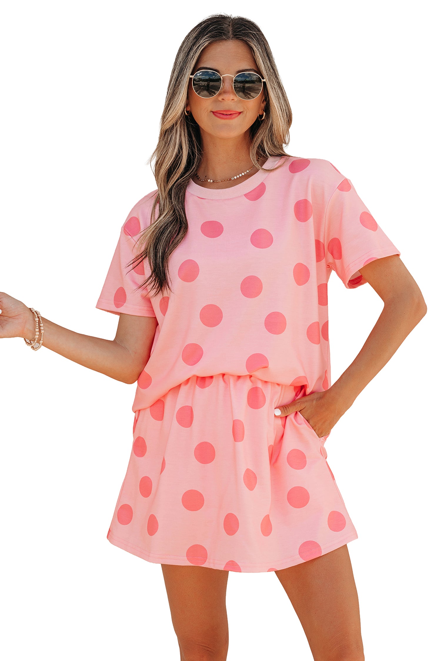 Polka Dot Short Sleeve Top Casual Skort 2pcs Outfit – White