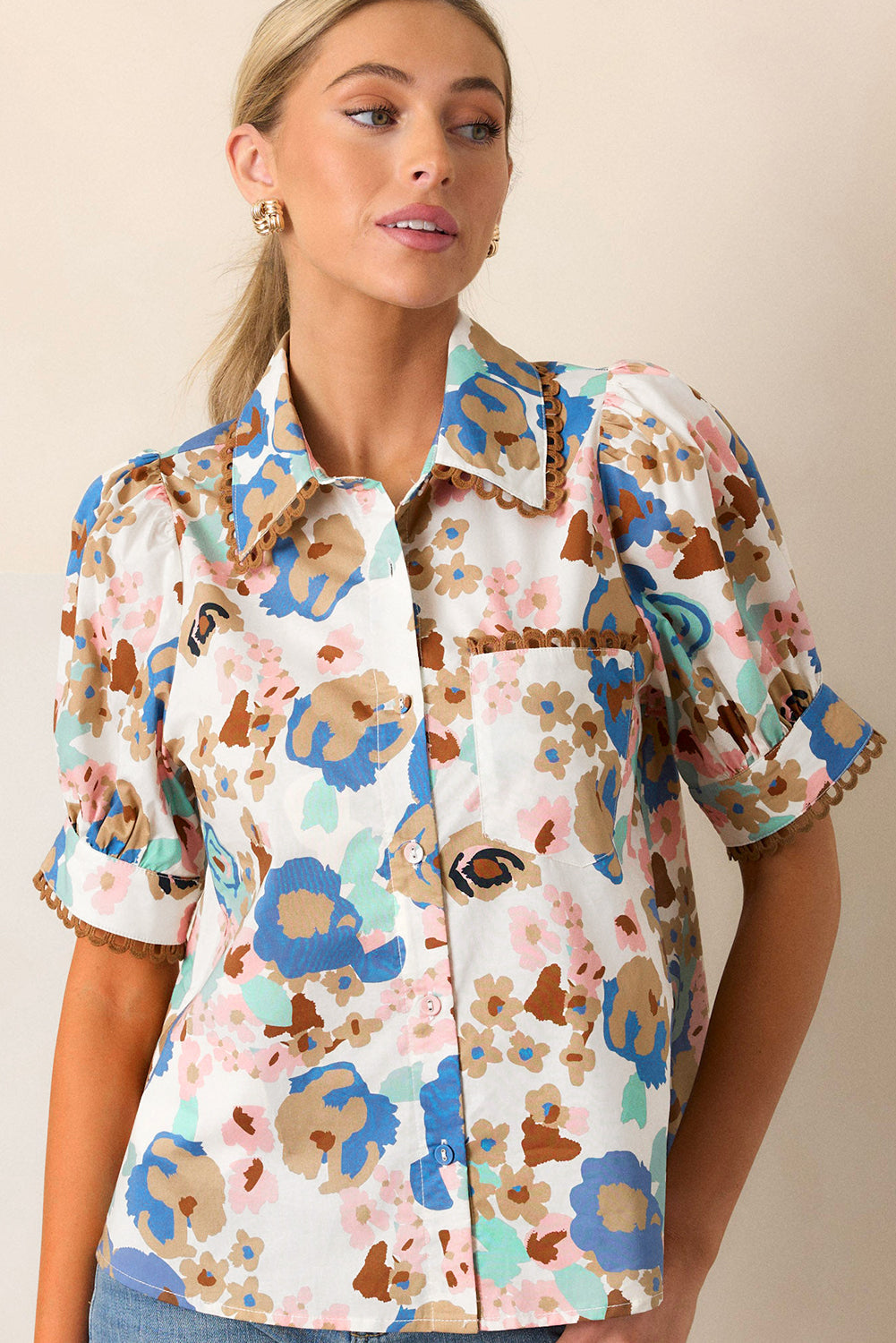 Multicolour Floral Print Ricrac Trim Collared Puff Short Sleeve Shirt eAura
