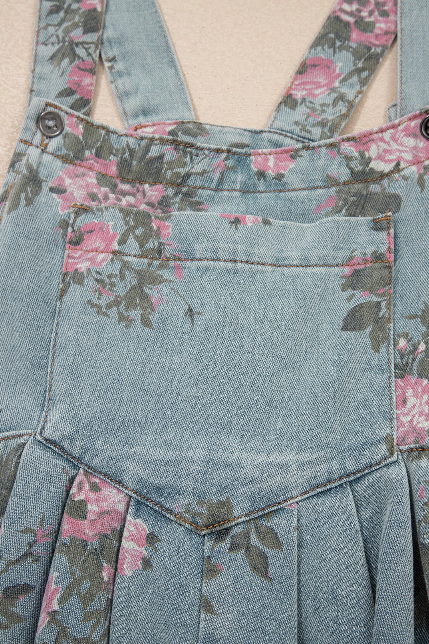 Floral Print Pleated Wide Leg Denim Jumpsuit – High Waist