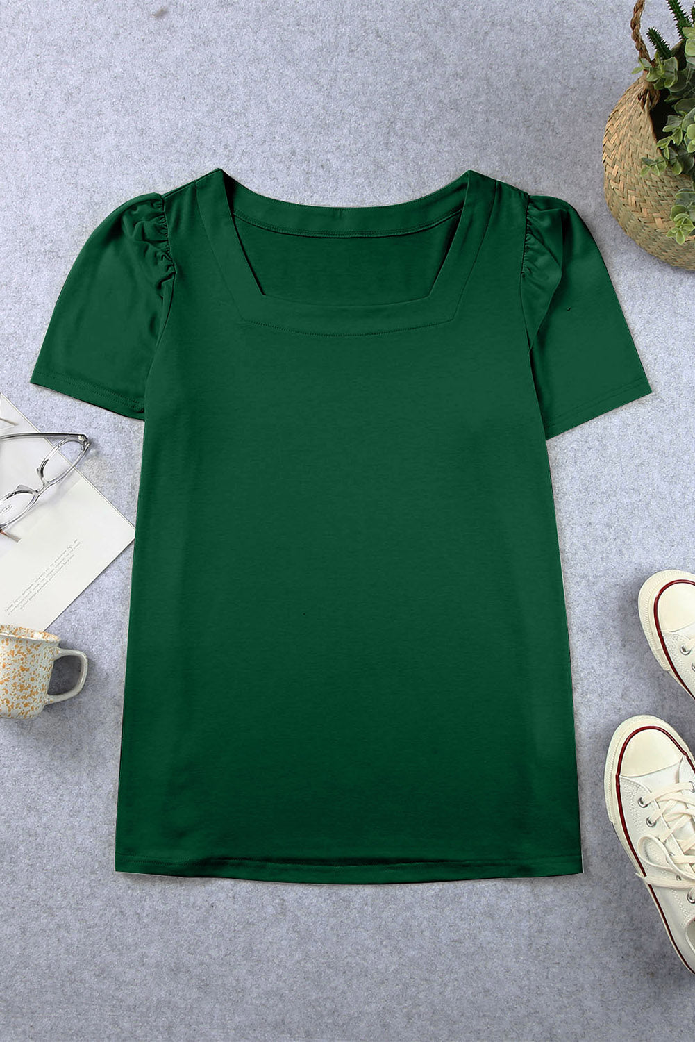 Green Plus Size Square Neck Ruched Shoulder Short Sleeve Top BB Fashion Outlet