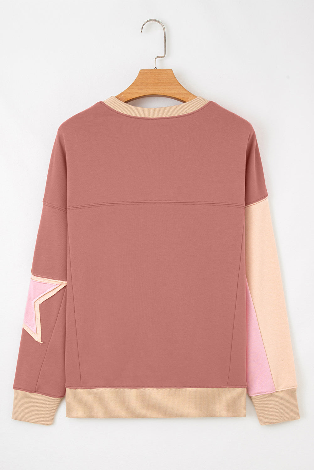 Contrast Star Patchwork Exposed Seam Uneven Hem Drop Shoulder Sweatshirt - eAura