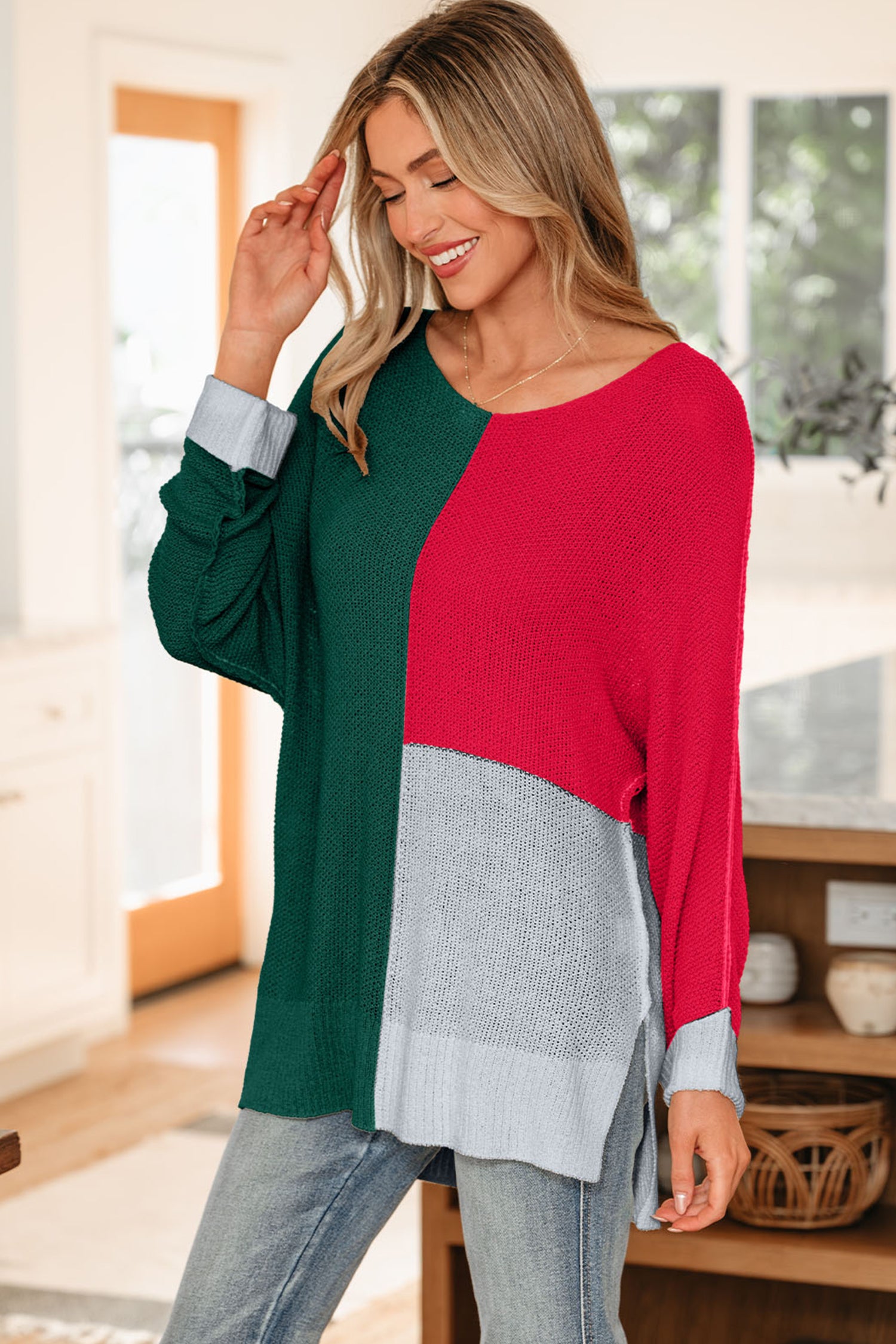 Colour Block Knit V-Neck Sweater - Sweaters & Cardigans/Sweaters