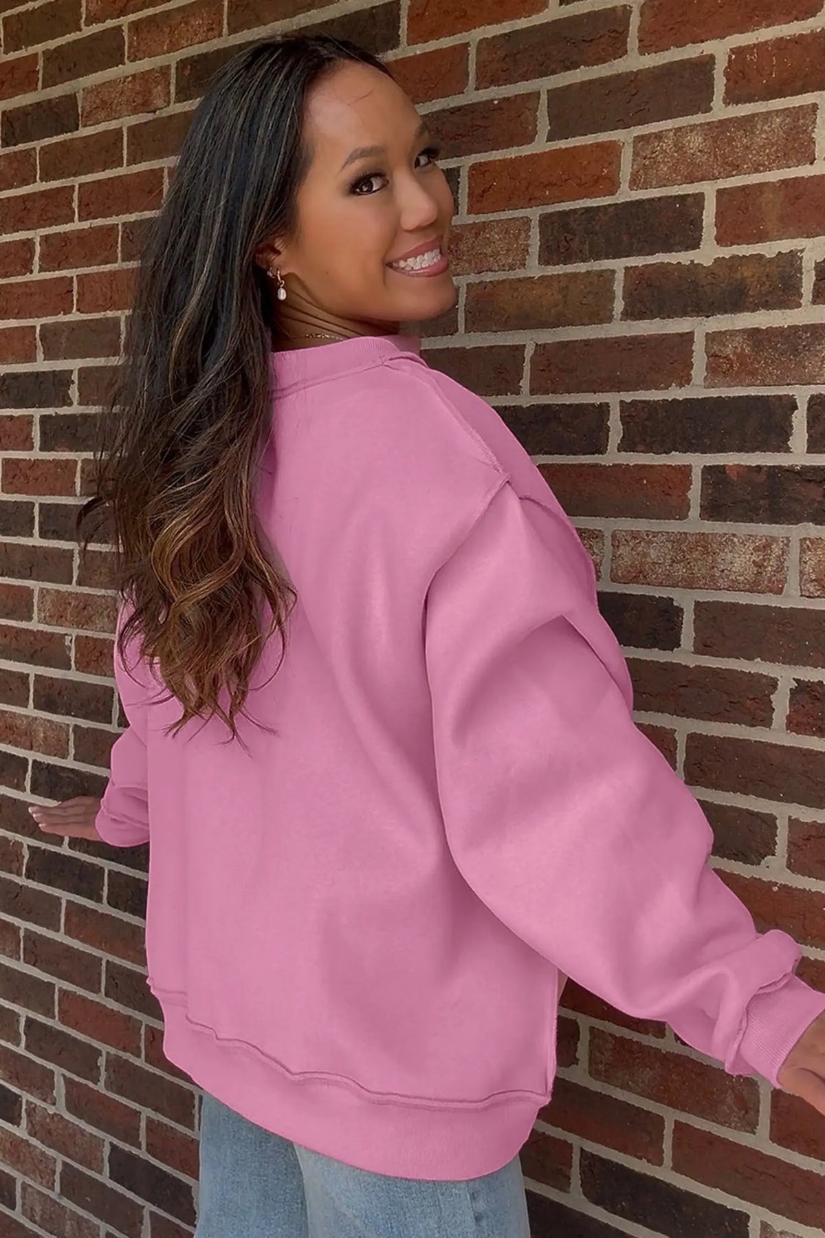 WWJD Mixed Pattern Embroidered Patch Graphic Mock Neck Sweatshirt – Pink