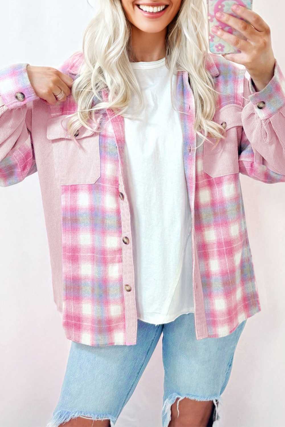 Pink Brushed Plaid Ribbed Flap Pockets Patchwork Shacket eAura