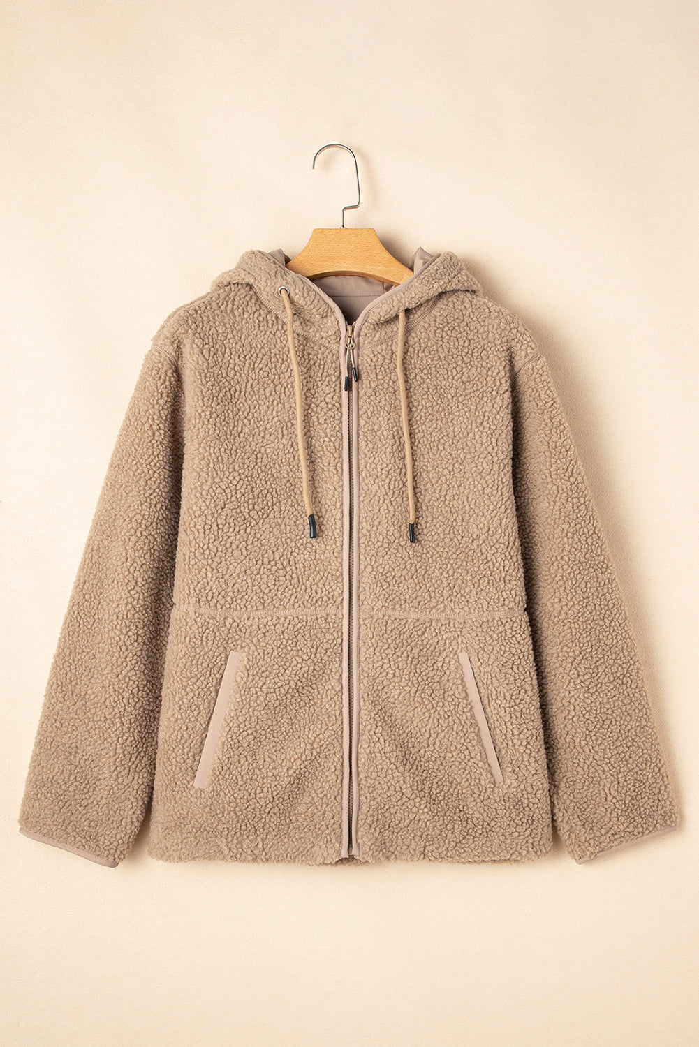 Pale Khaki Fleece Zip Up Drawstring Hooded Pocketed Jacket eAura