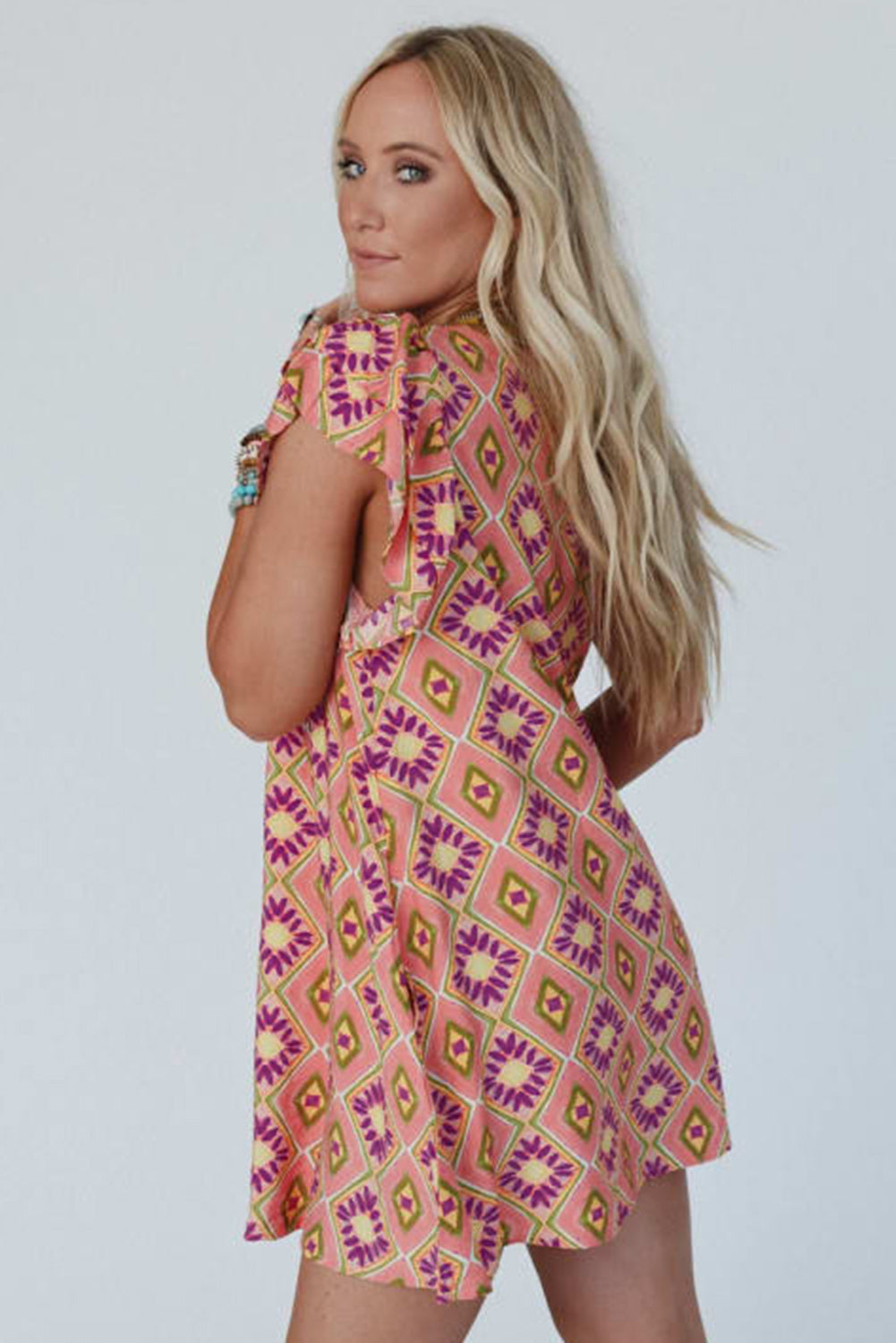 Orange Geometric Floral V Neck Buttoned Ruffled Sleeve Mini Dress eAura