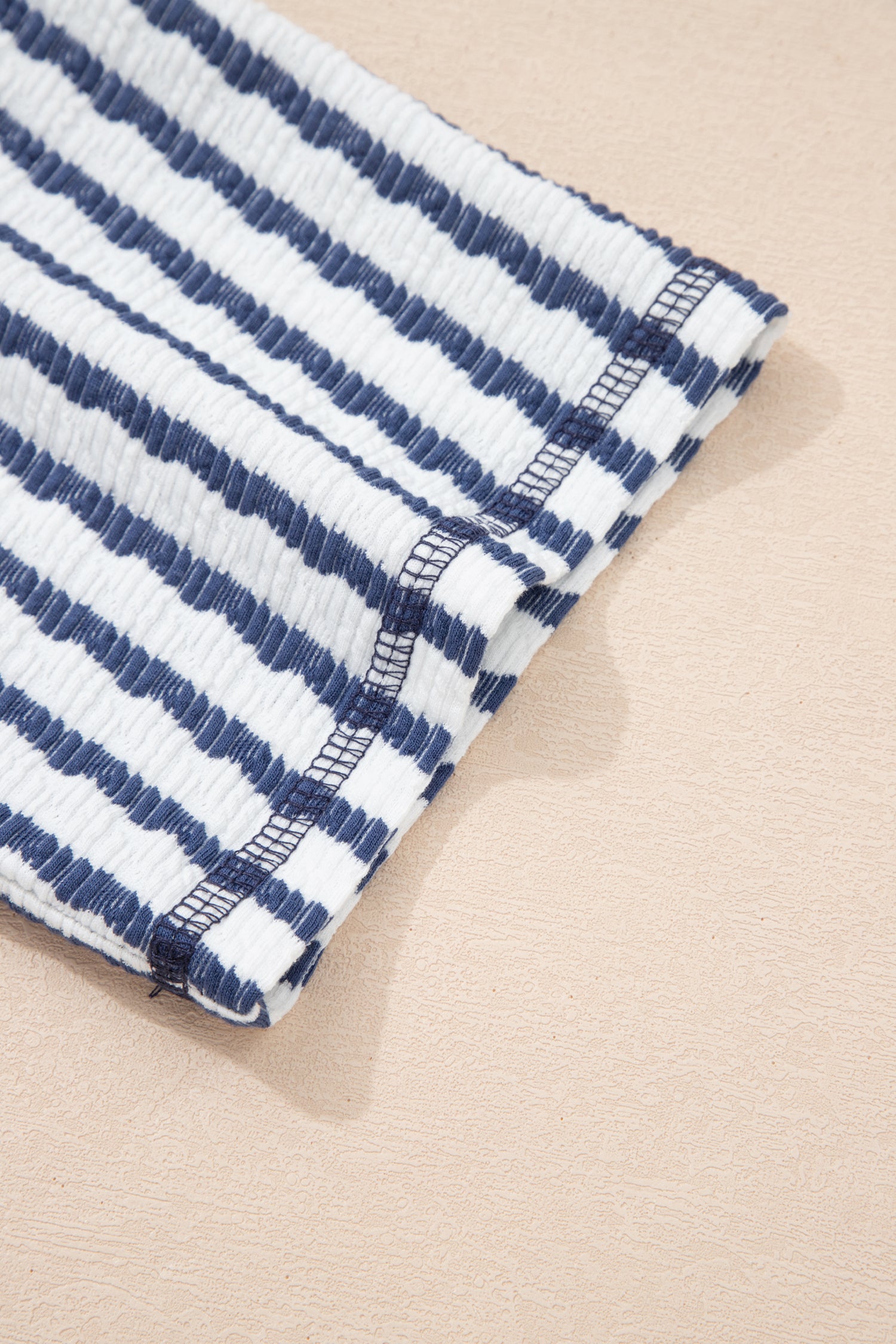 Striped Textured Knit Split Hem Half Sleeve Loose Top