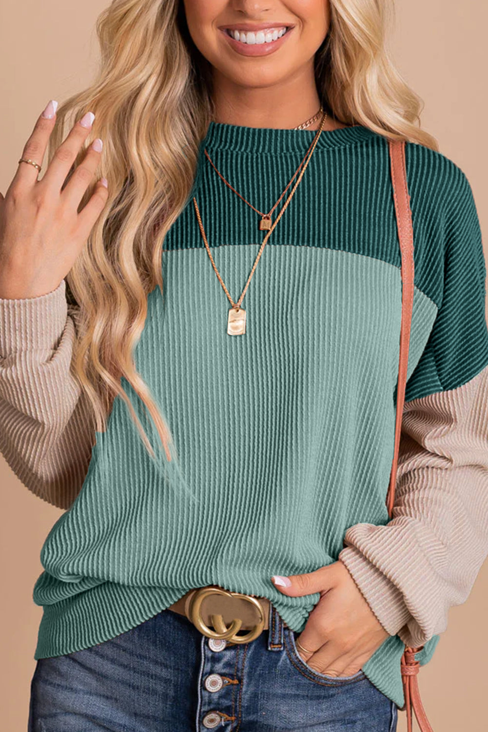 Khaki Colour Block Long Sleeve Ribbed Loose Top eAura
