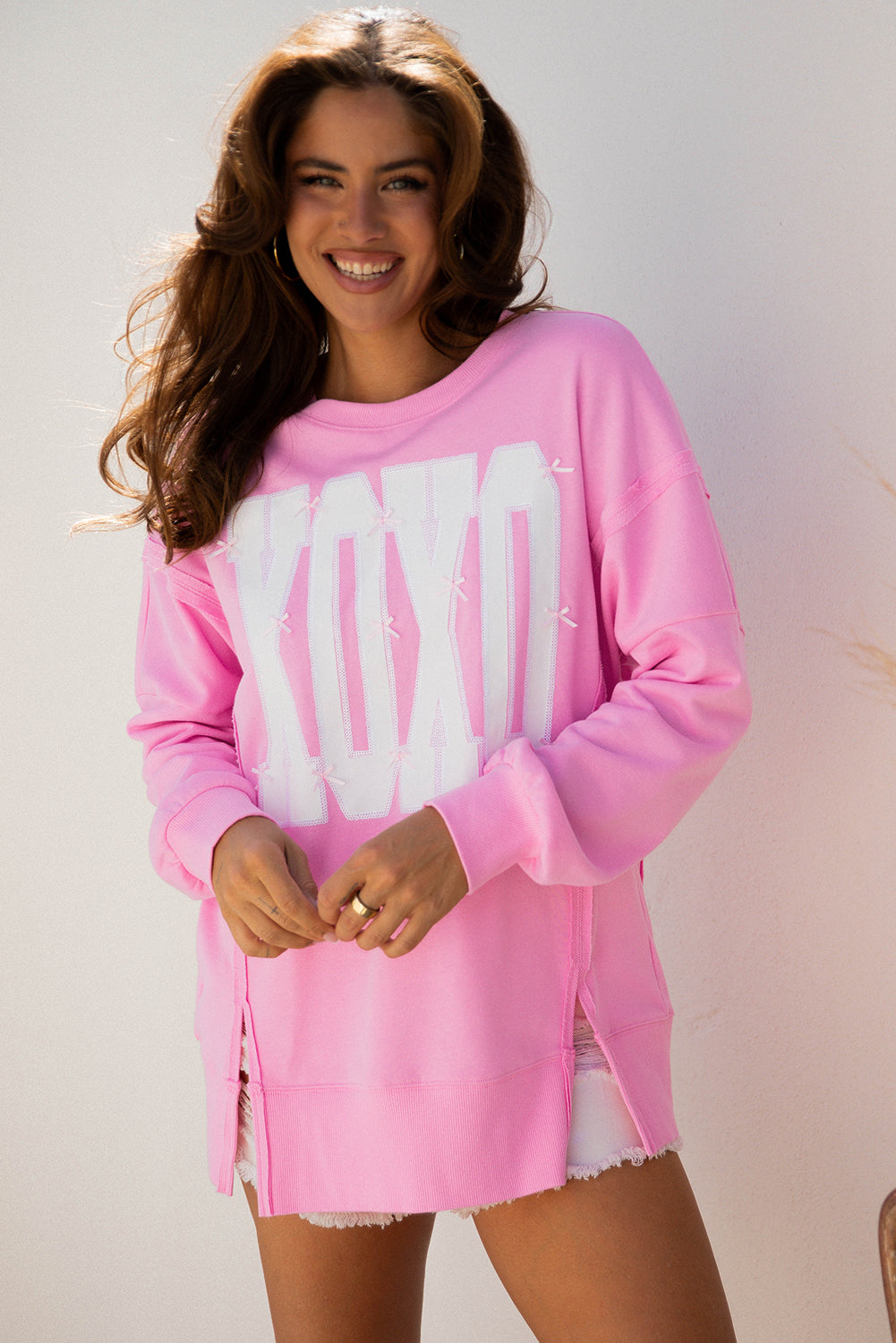 Sequin XOXO Letter Graphic Exposed Seam Oversized Sweatshirt - Tops/Sweatshirts & Hoodies
