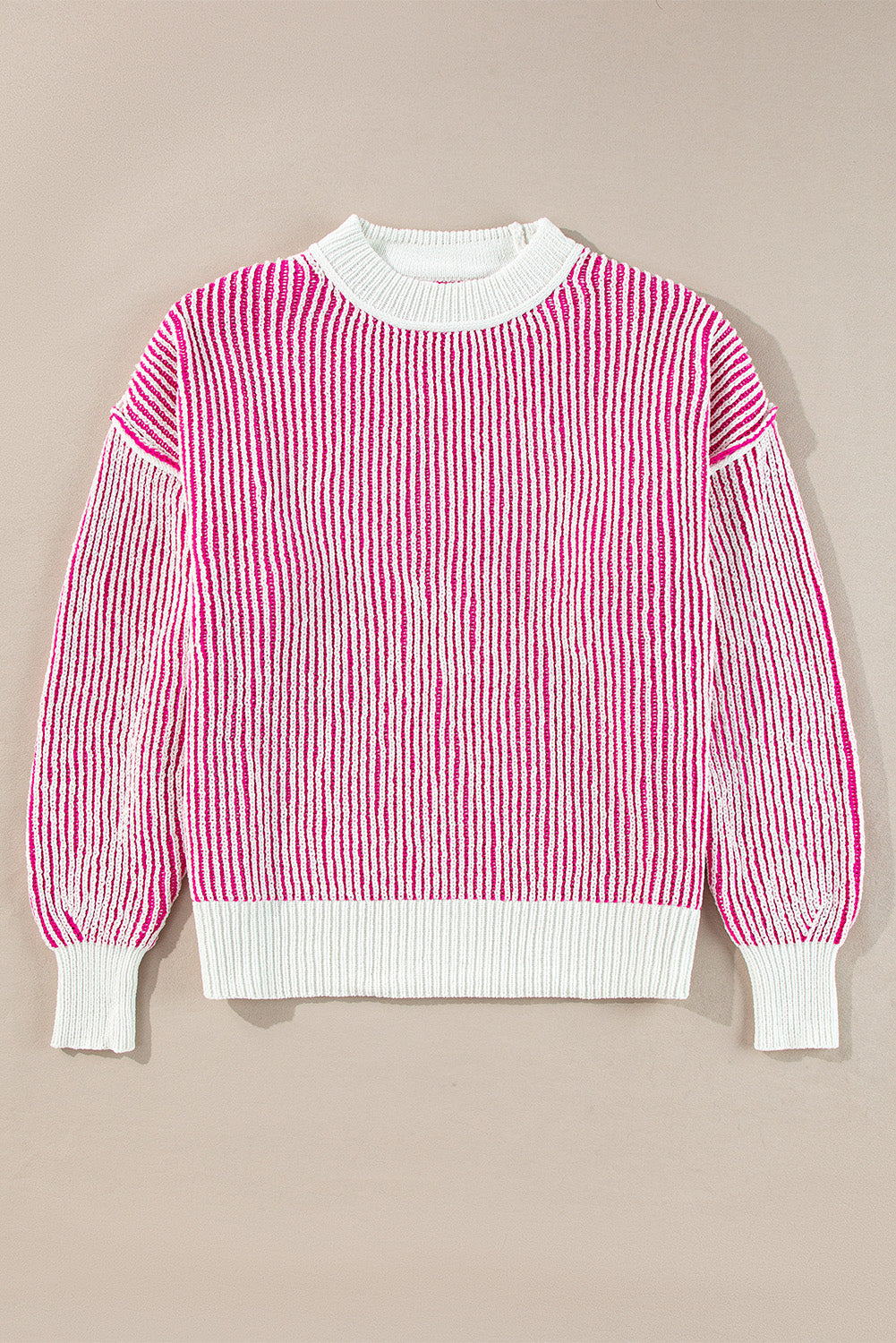 Bright Pink Striped Textured Knit Contrast Edge Loose Sweater eAura