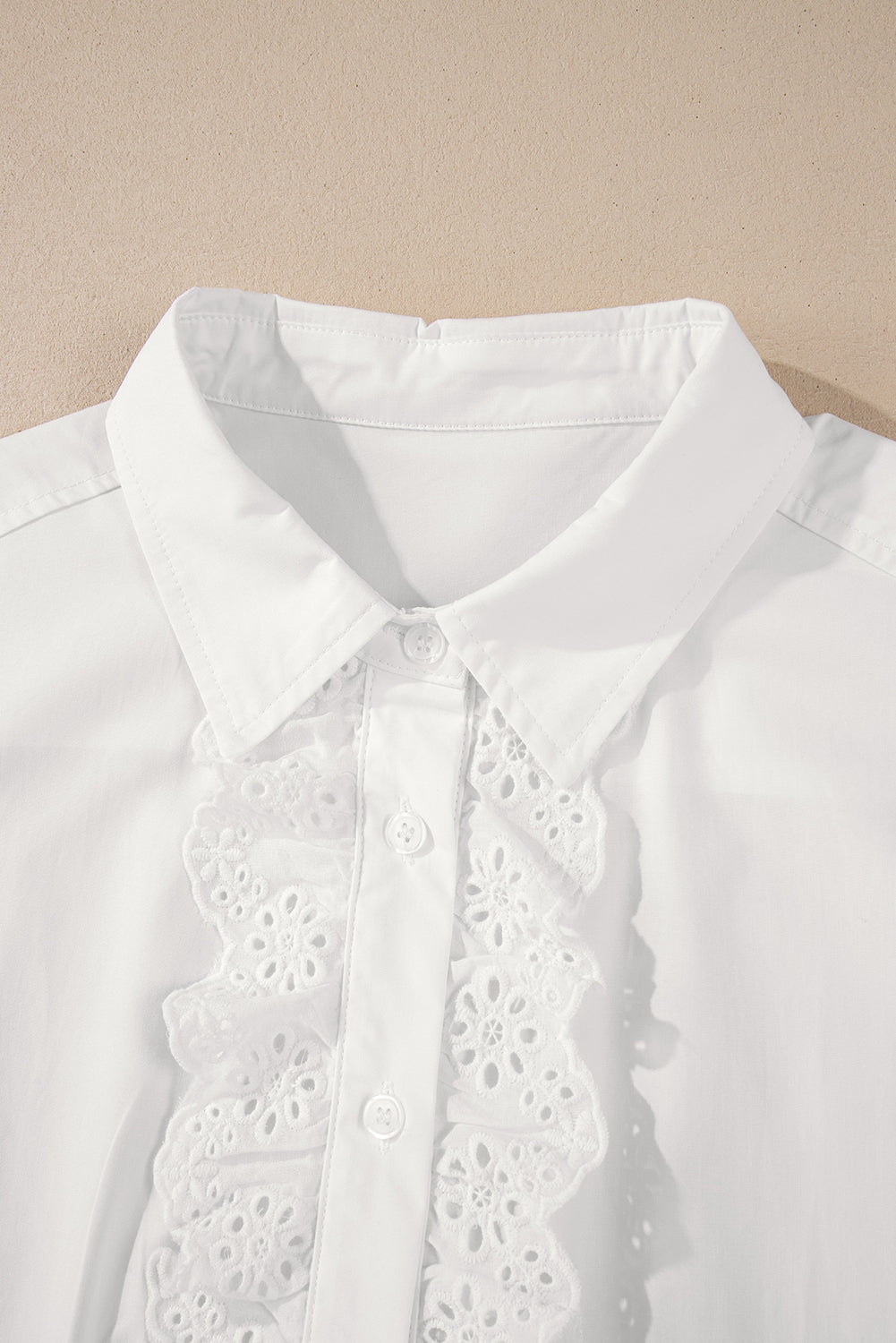 White Lace Crochet Trim Turn Down Collar Buttoned Shirt eAura
